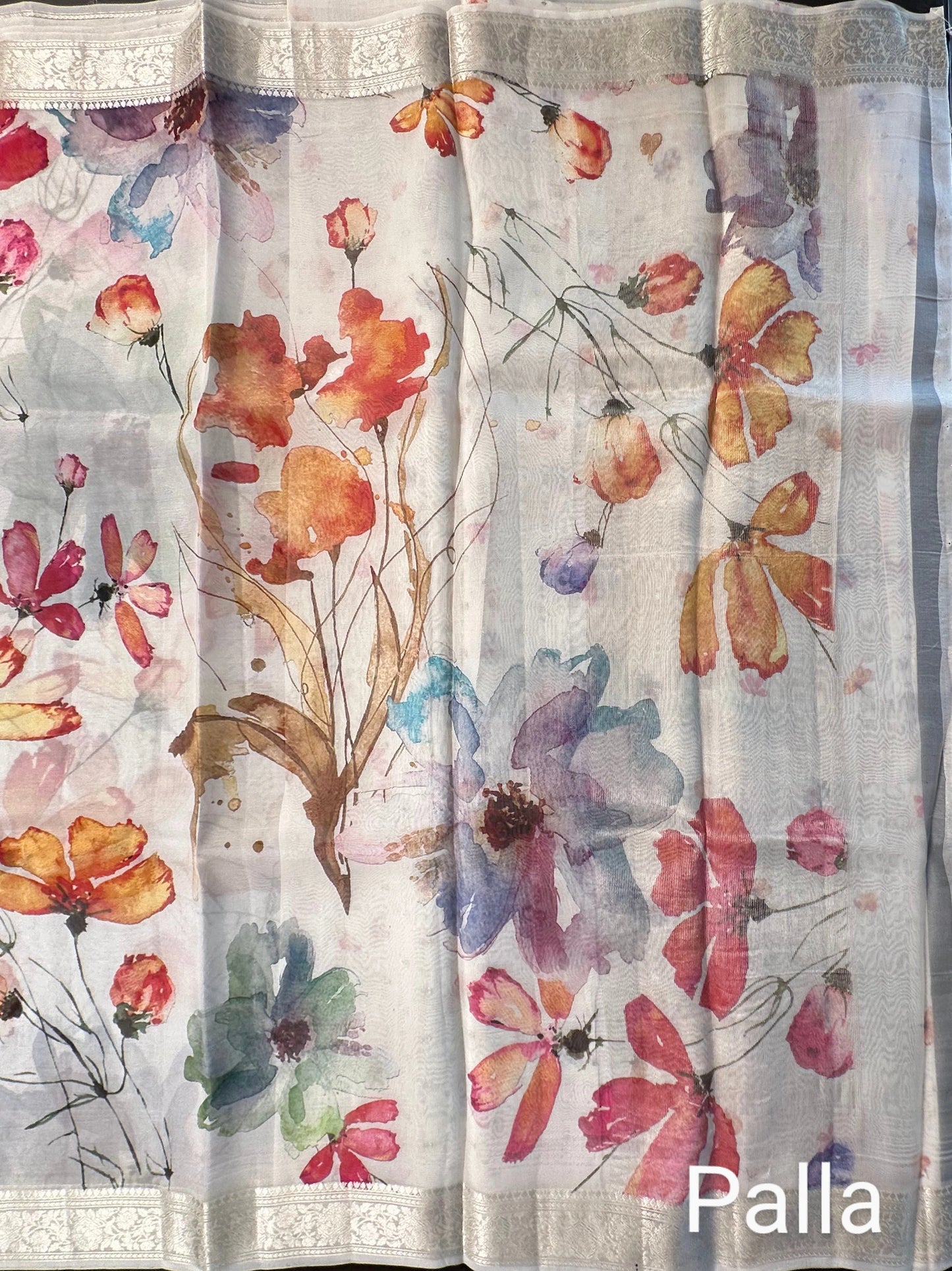 Off White - Multi Floral Print Organza Saree