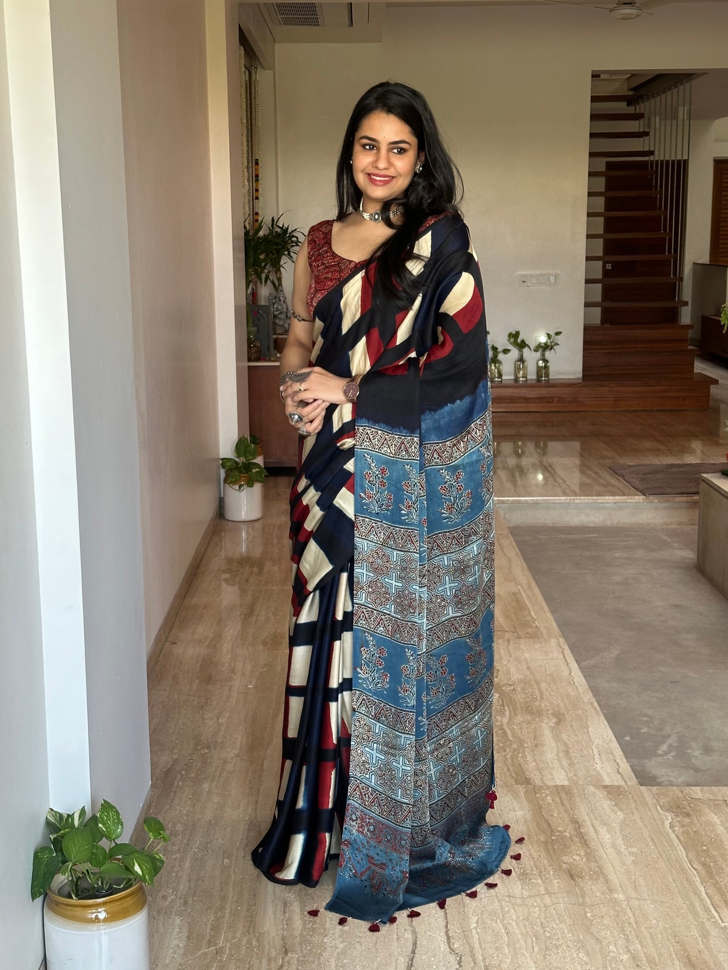 Black Indigo-Blue Ajrakh Blended Modal Saree