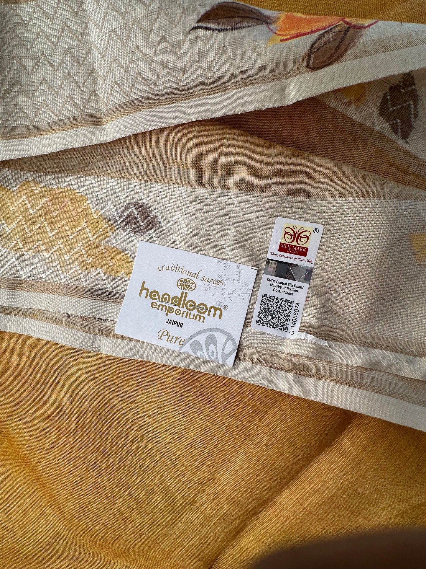 Mustard Hand Print Muga Silk Saree
