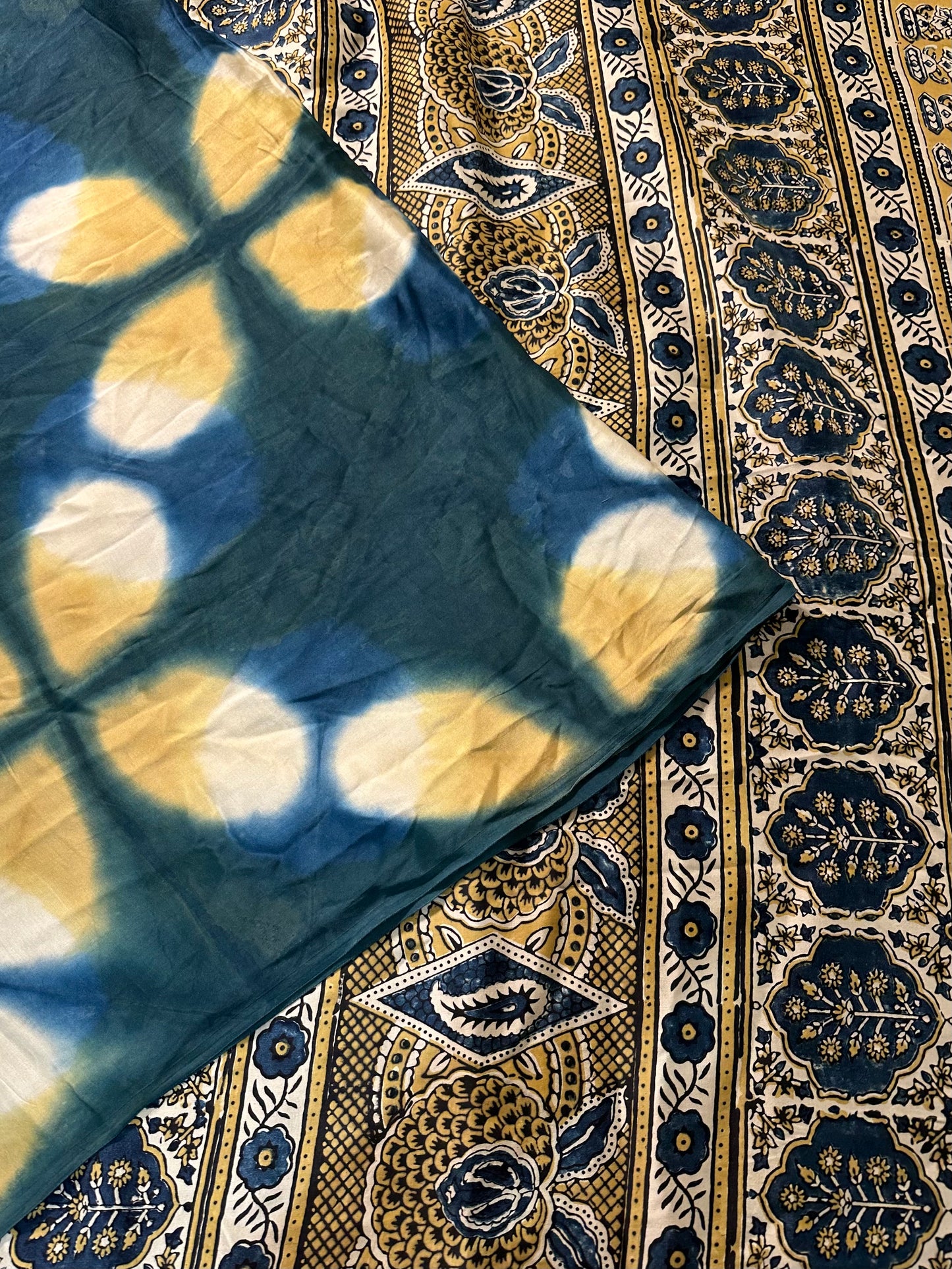 Peacock Blue-Yellow Ajrakh Blended Modal Saree