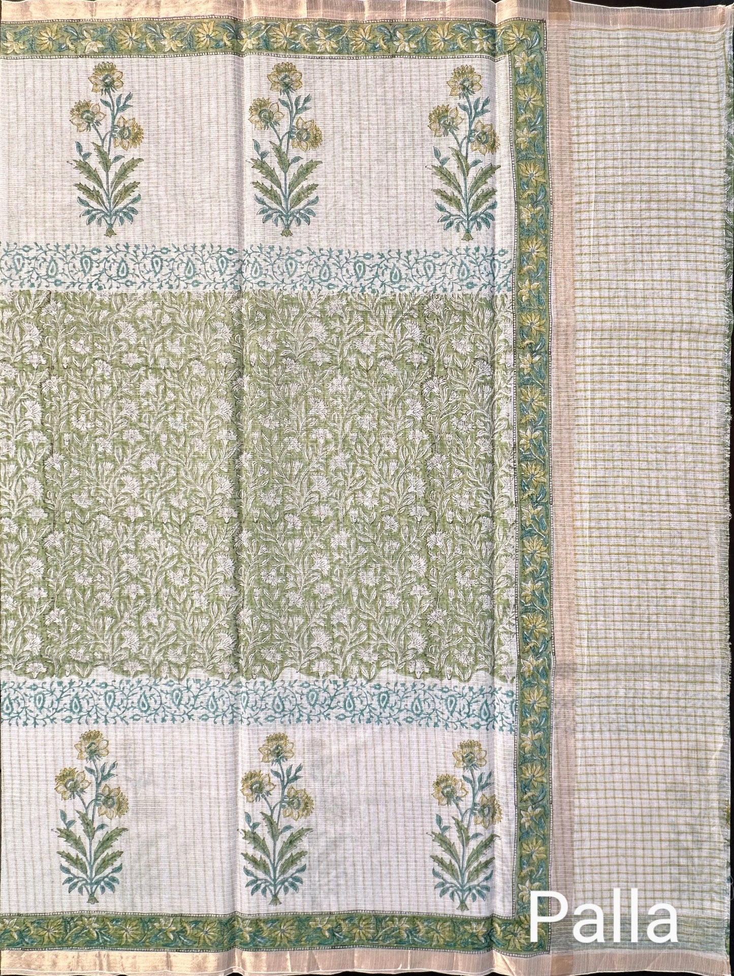 Off White- Green Block Printed Kota Doria Cotton Saree