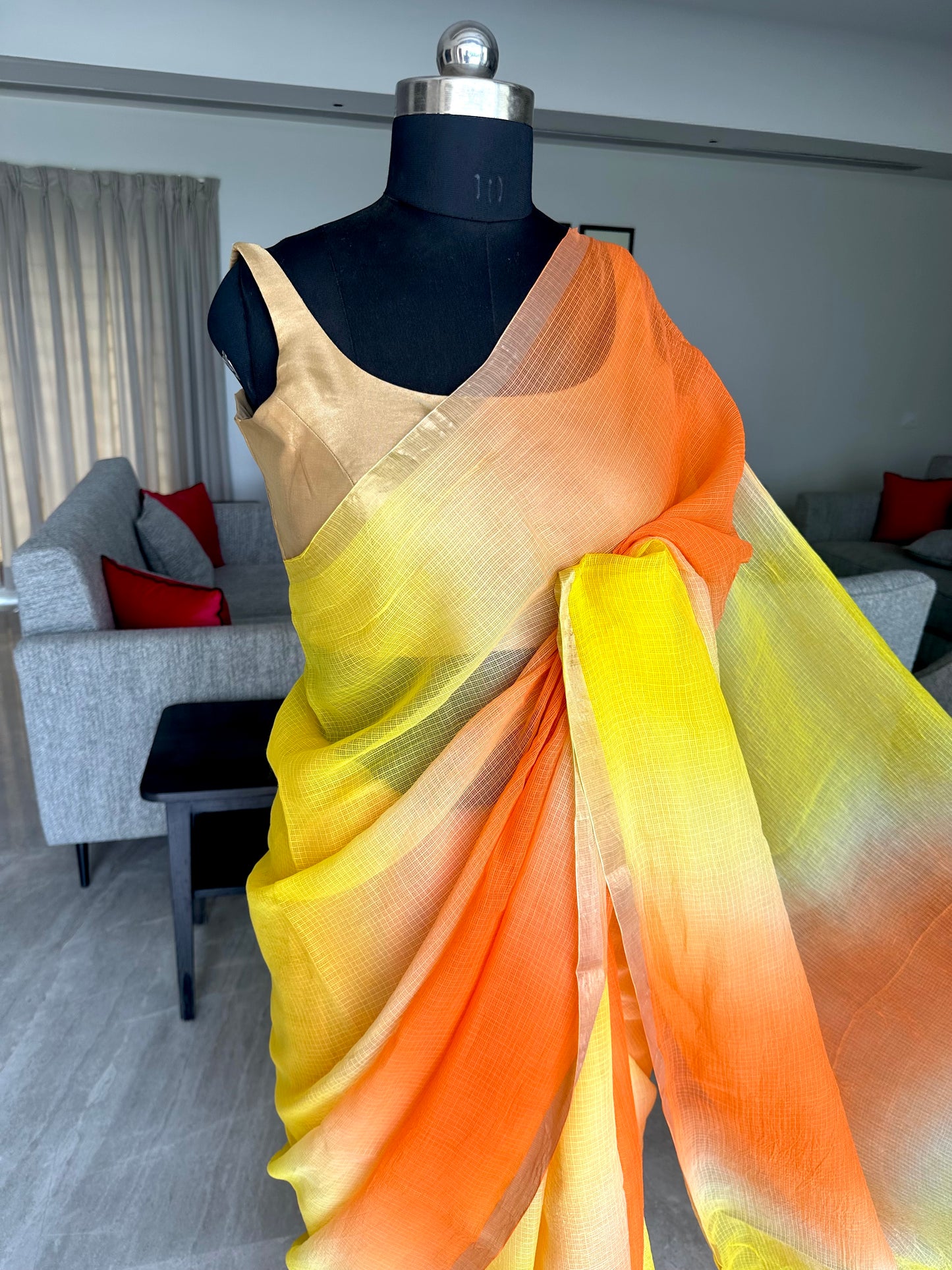 Peach-Yellow Shaded Kota Doria Cotton Saree