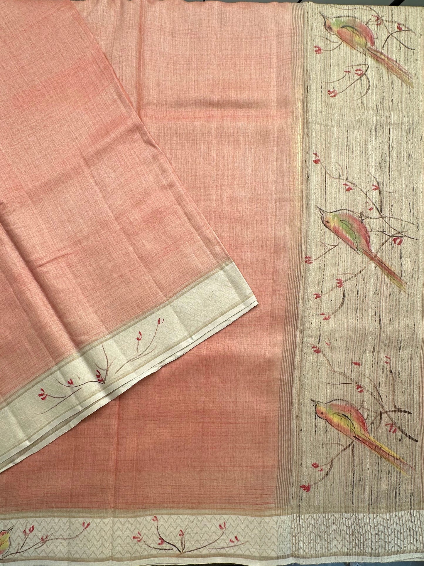 Peach Hand Print Muga Silk Saree