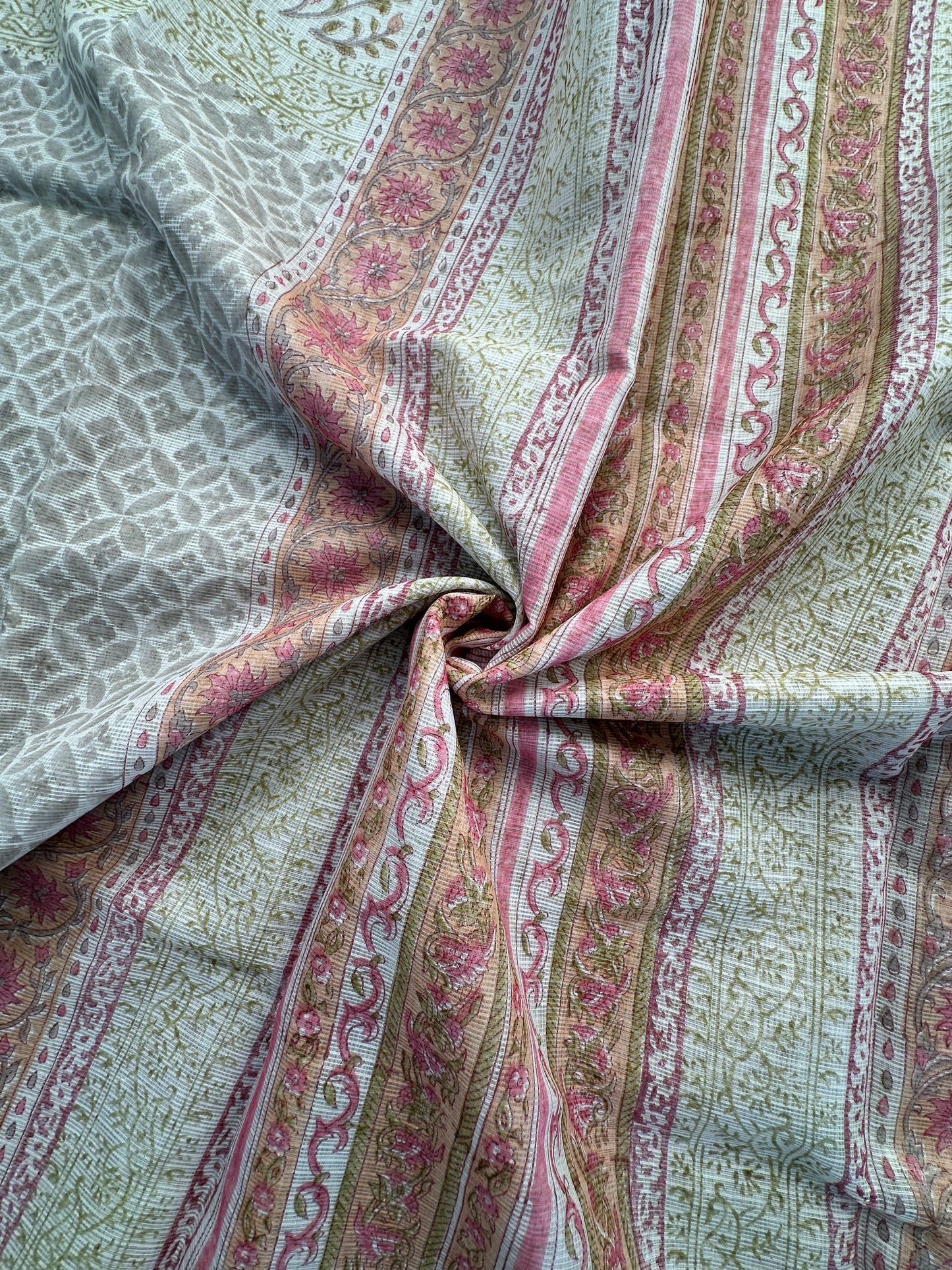 Off White - Grey Block Printed Kota Doria