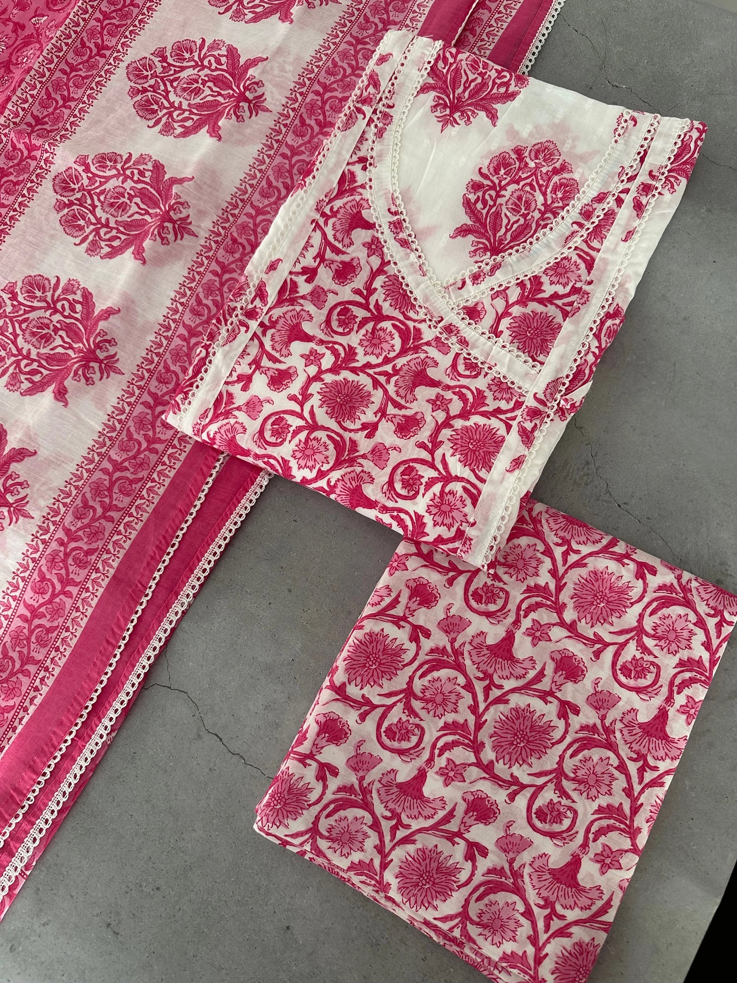 Off White-Pink Angrakha Printed Cotton 3-Piece Suit