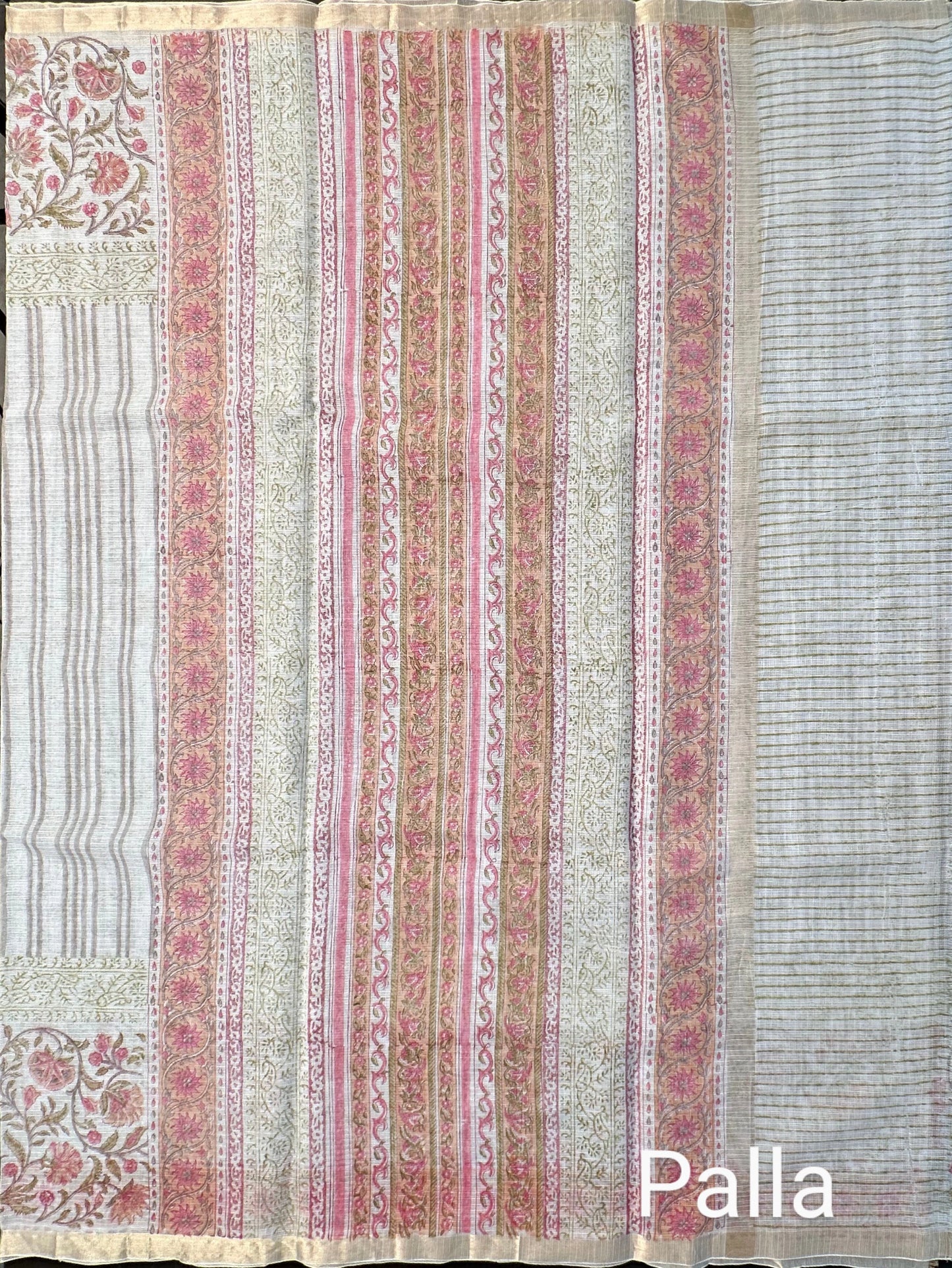 Off White-Grey Block Printed Kota Doria Cotton saree