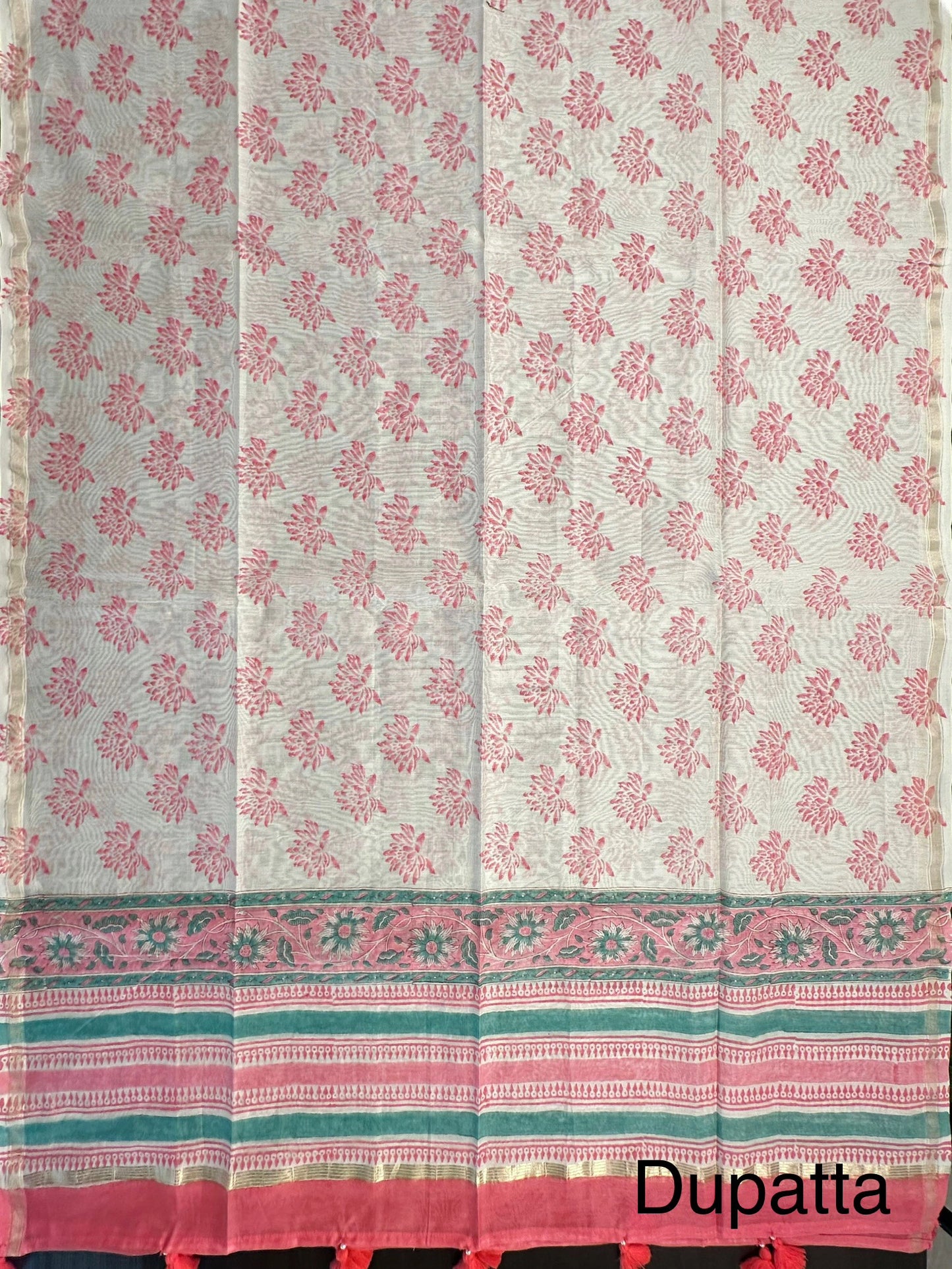 Off White-Pink Hand Block Printed Chanderi 3-Piece Unstitched Suit with Aari Work