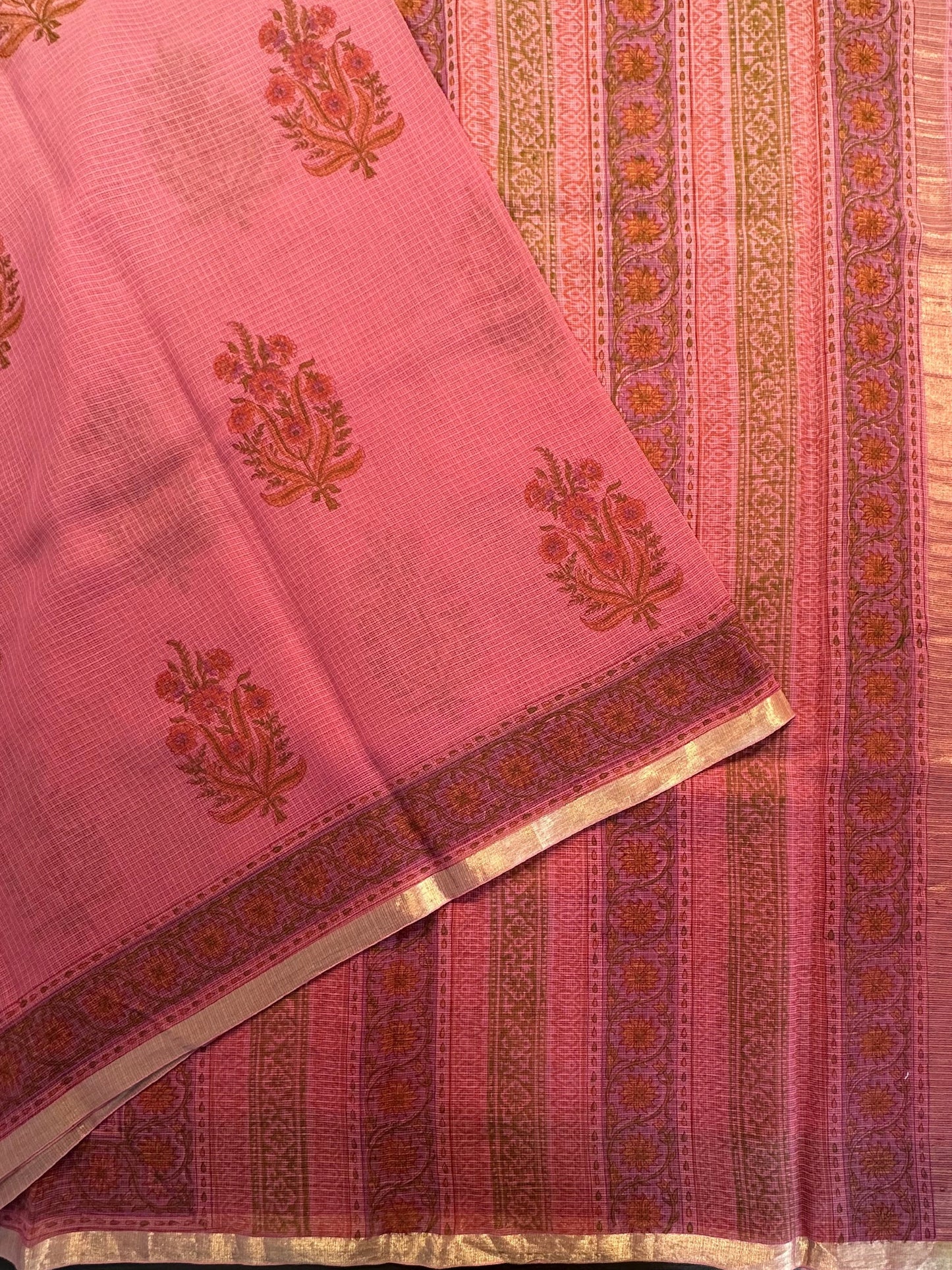 Pink Block Print Kota Doria Cotton Saree