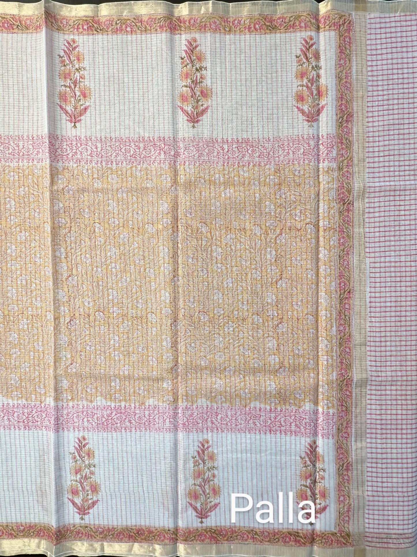 Off White Block Printed Kota Doria Cotton Saree