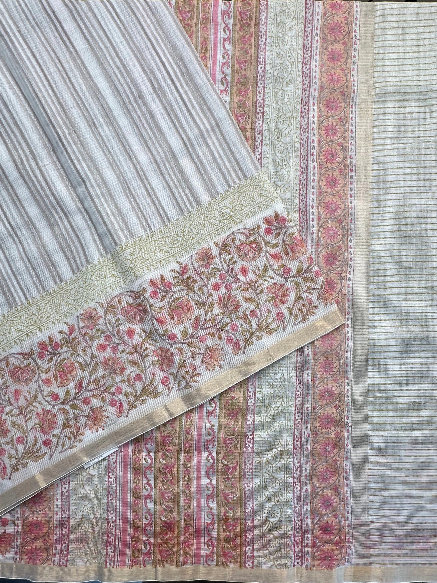 Off White-Grey Block Printed Kota Doria Cotton saree