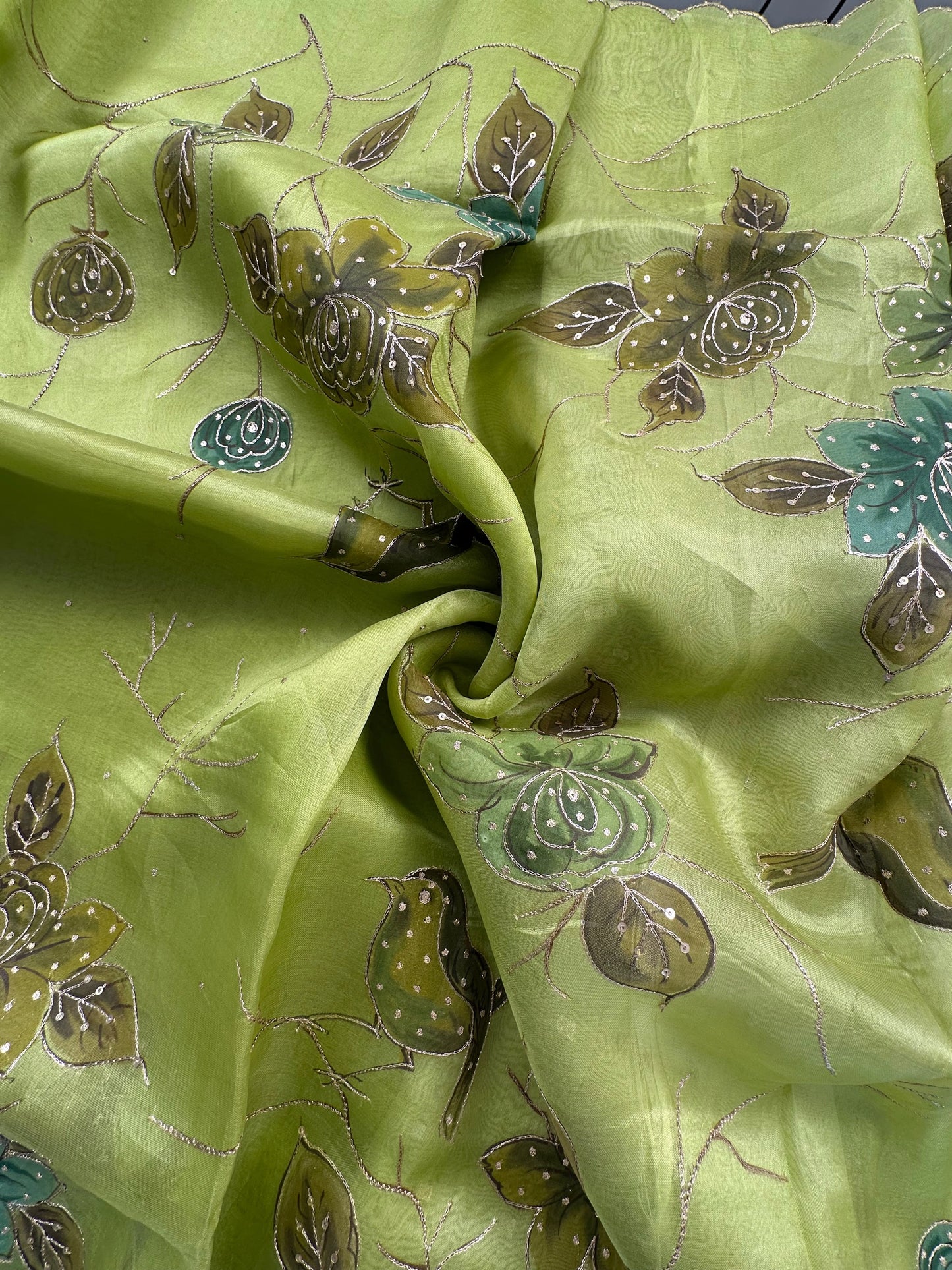 Green Floral Print Organza Saree