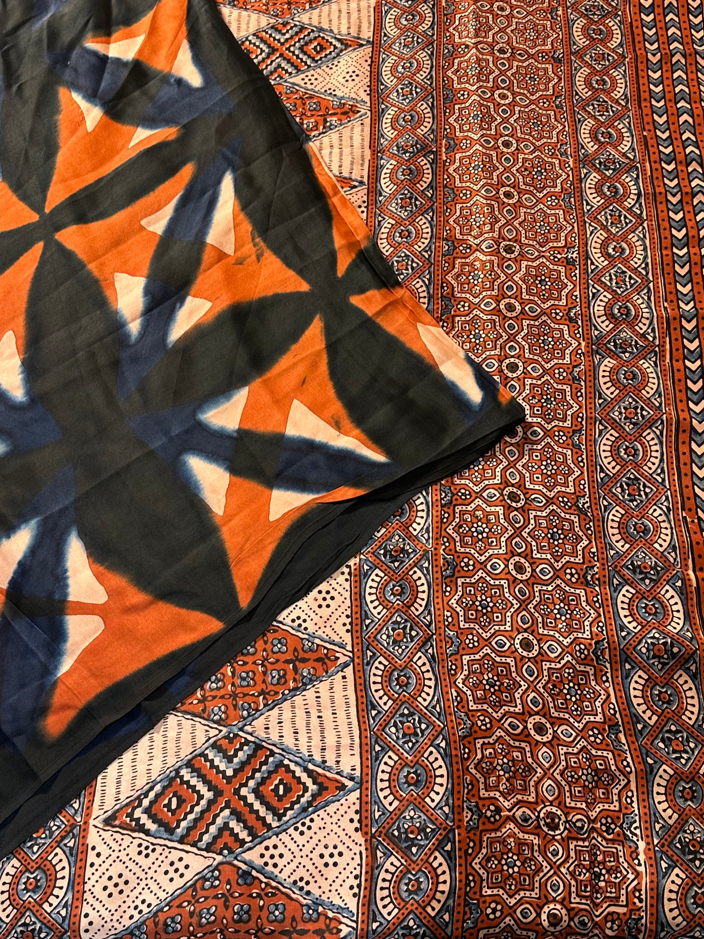 Black Indigo-Rust Orange Ajrakh Blended Modal Saree