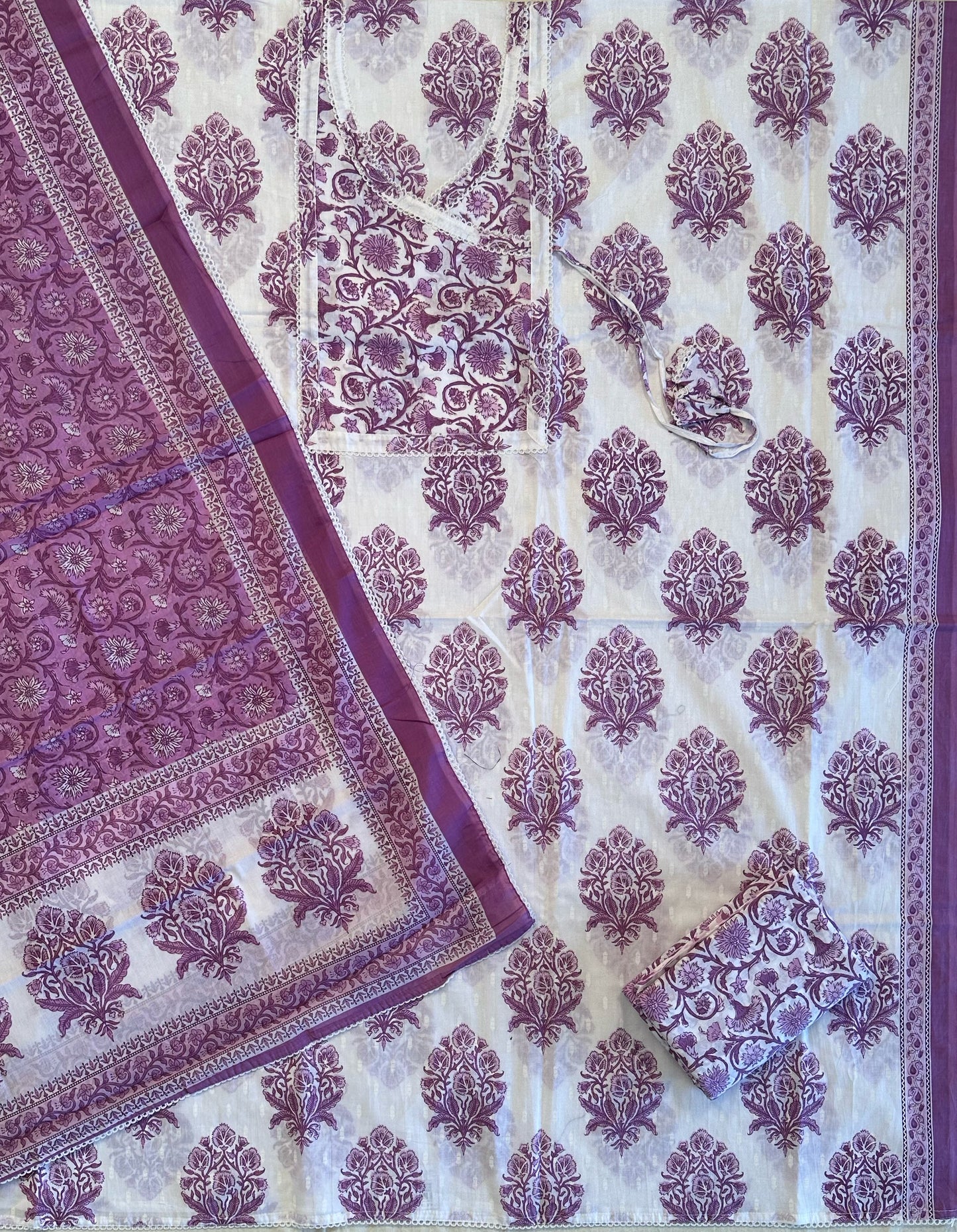 Off White-Purple Angrakha Printed Cotton 3-Piece Suit