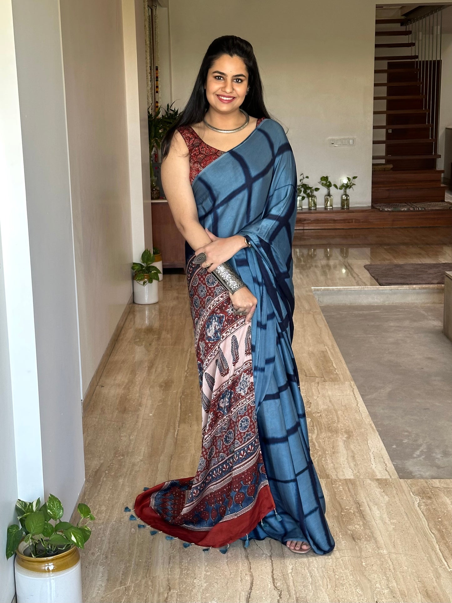 Blue-Rust Ajrakh Blended Modal Saree