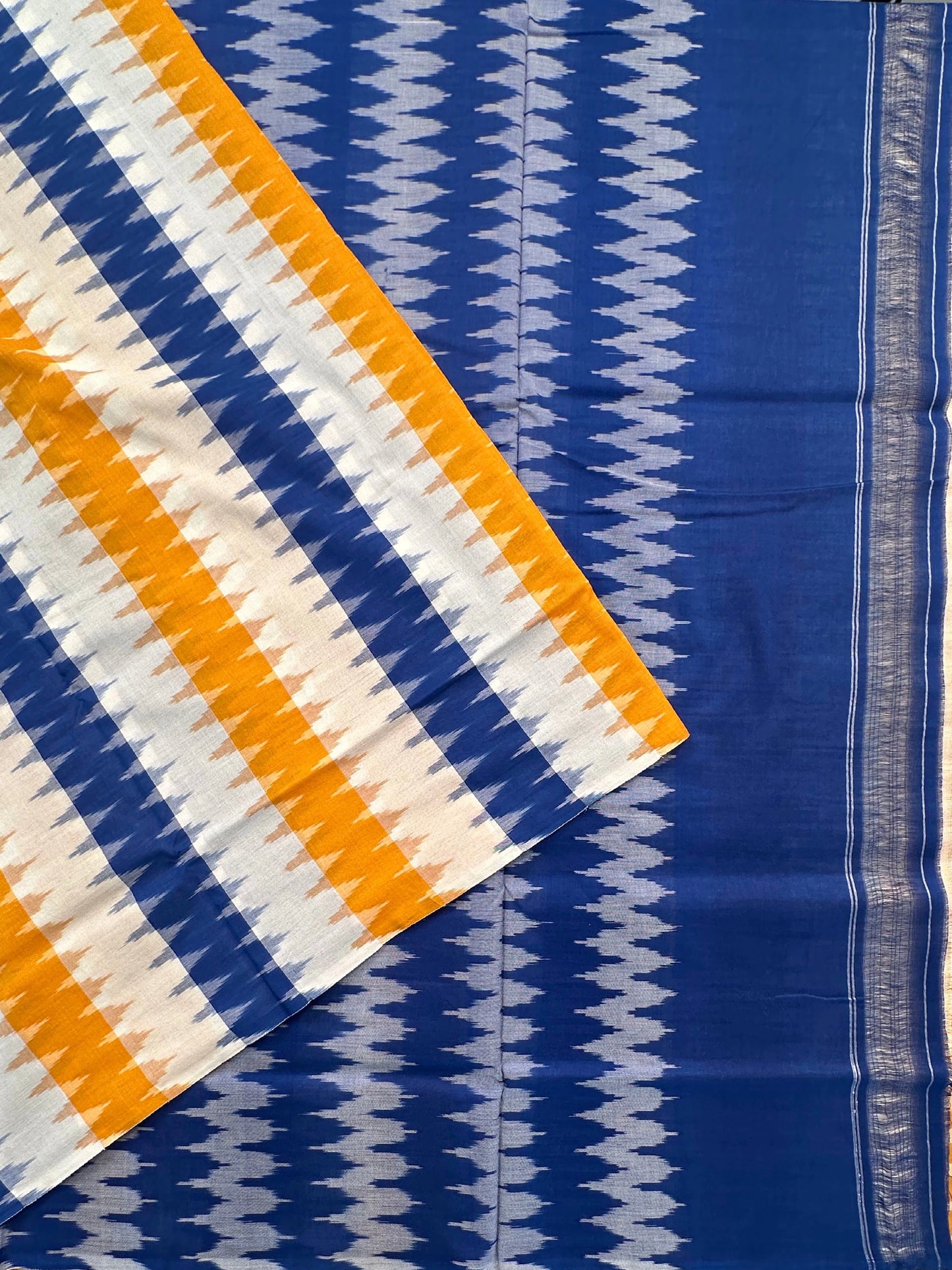 Blue-Mustard Ikkat Cotton Saree