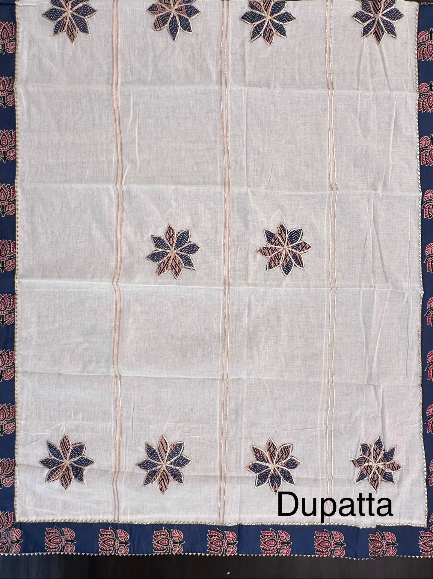 Navy Blue Printed Pure Cotton Suitwith Applique Dupatta