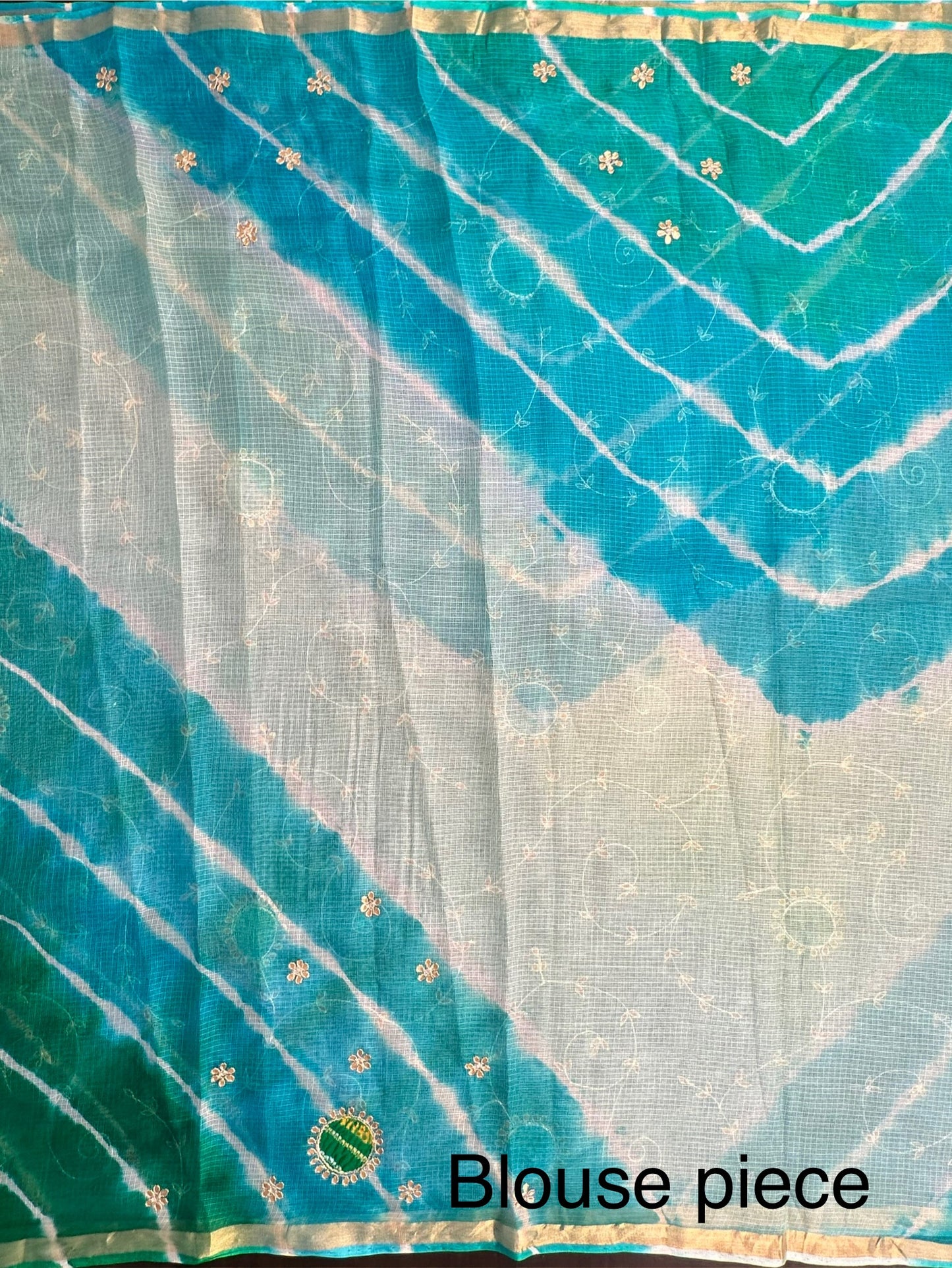 Firozi -Green Kota Doria Pure Silk Saree With Gota Patti Work