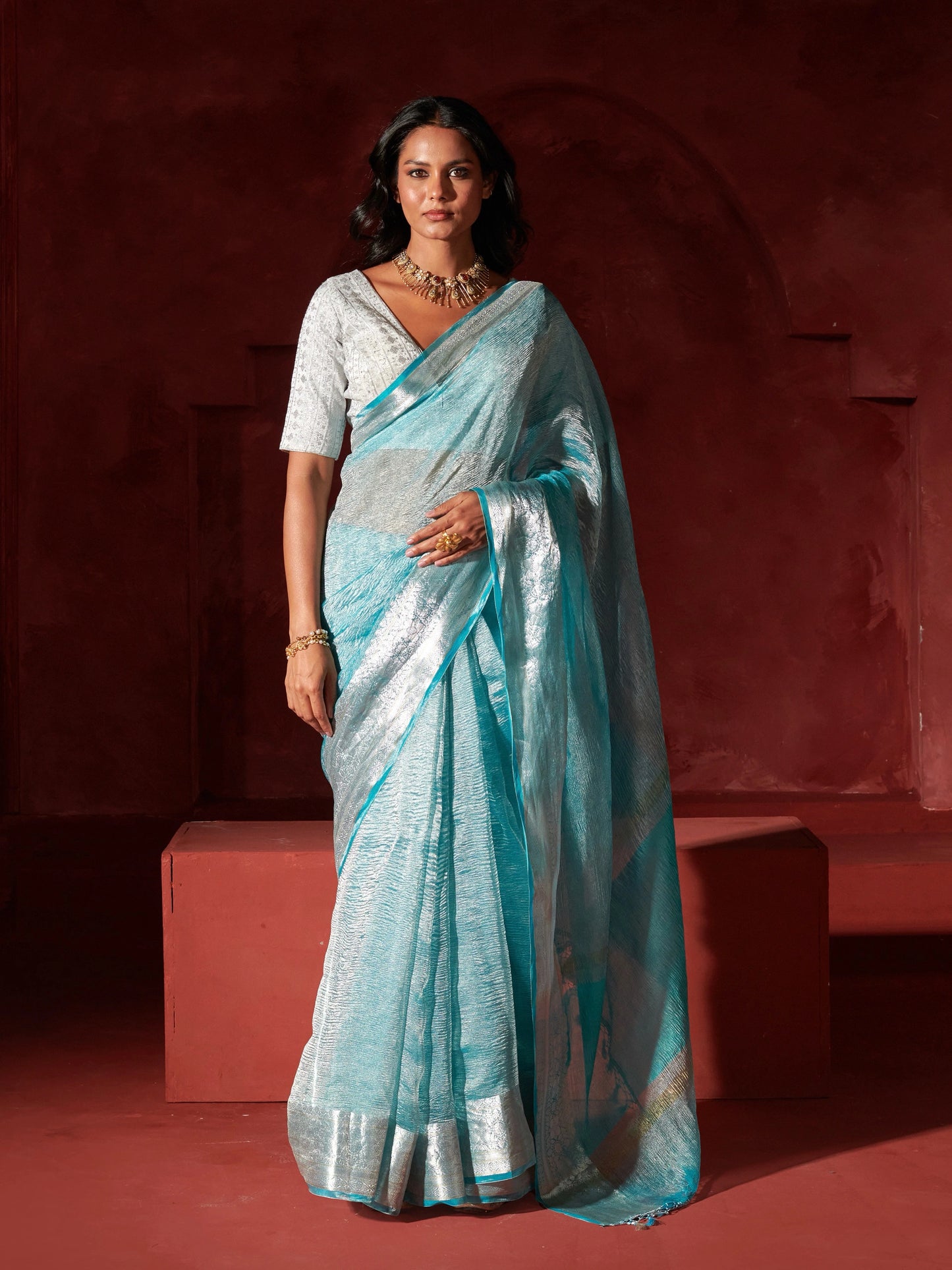 Firozi Pure Crush Tissue Saree