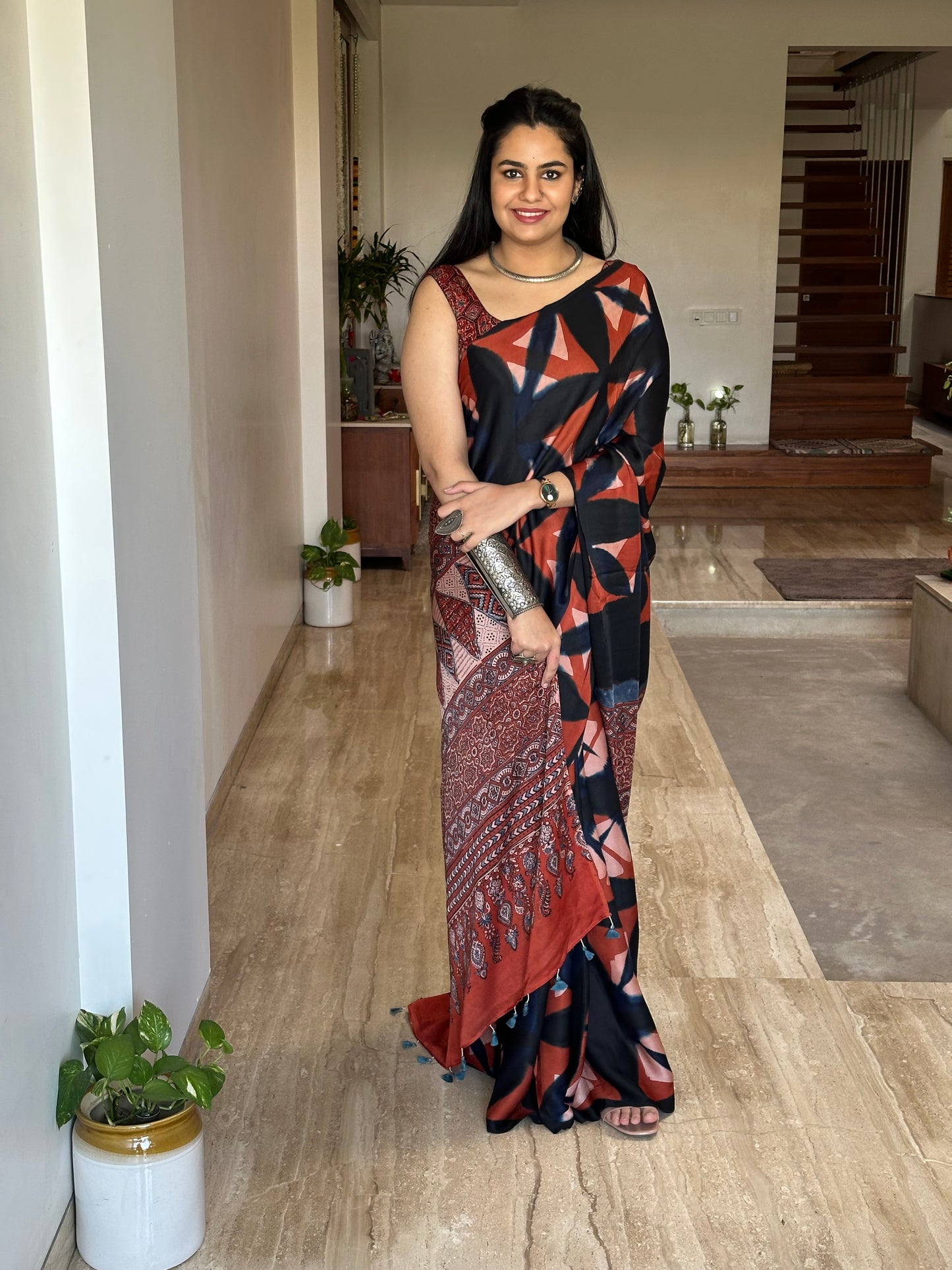 Black Indigo-Rust Orange Ajrakh Blended Modal Saree