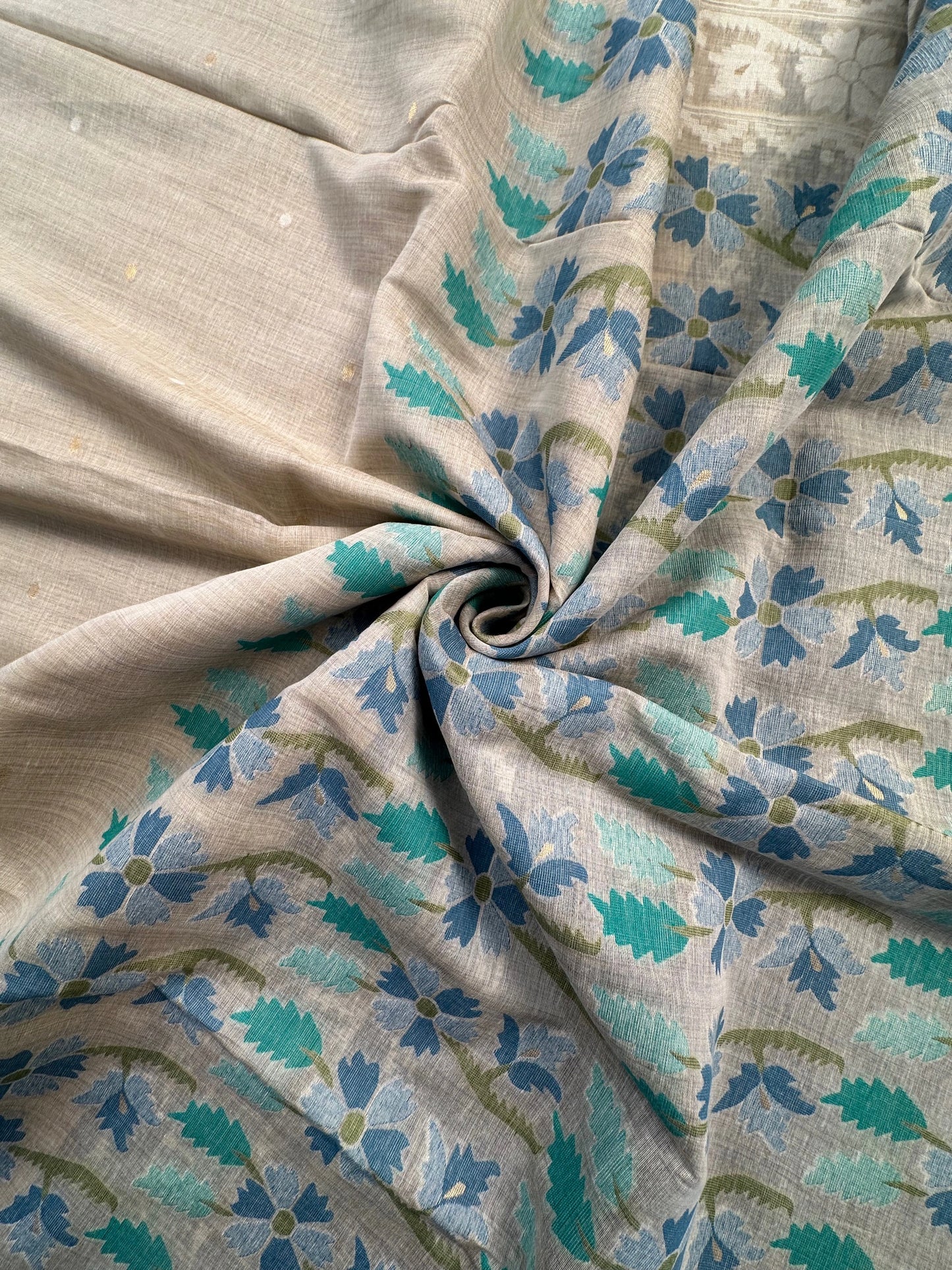 Beige - Blue Floral Weave Fancy Cotton Saree