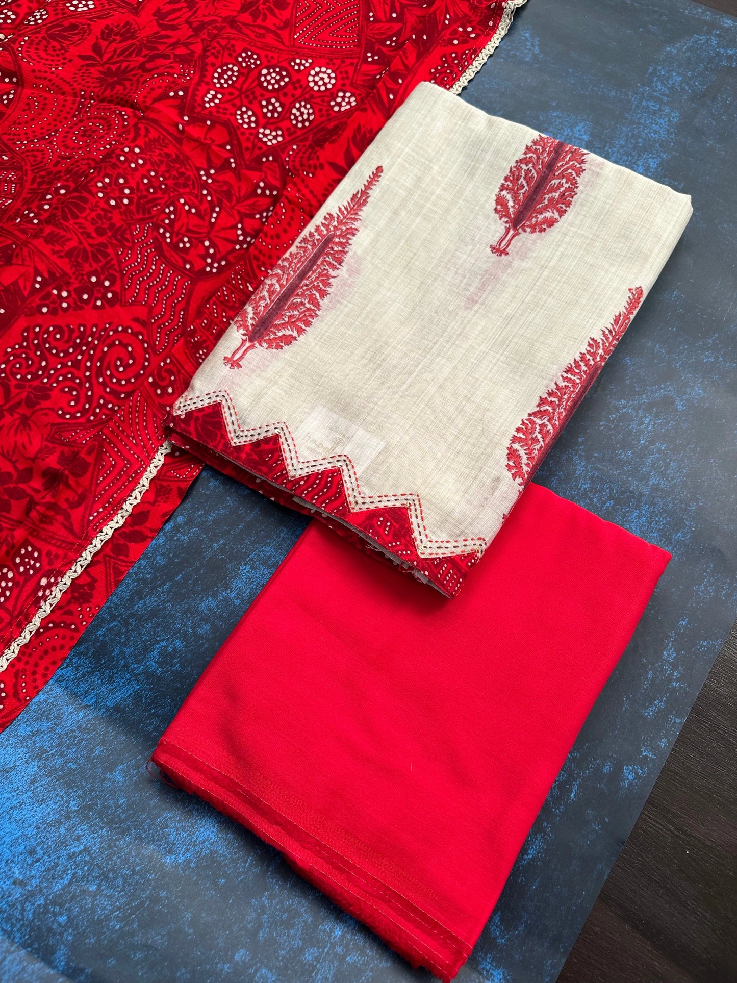 Beige-Red Block Printed Fancy Cotton Suit