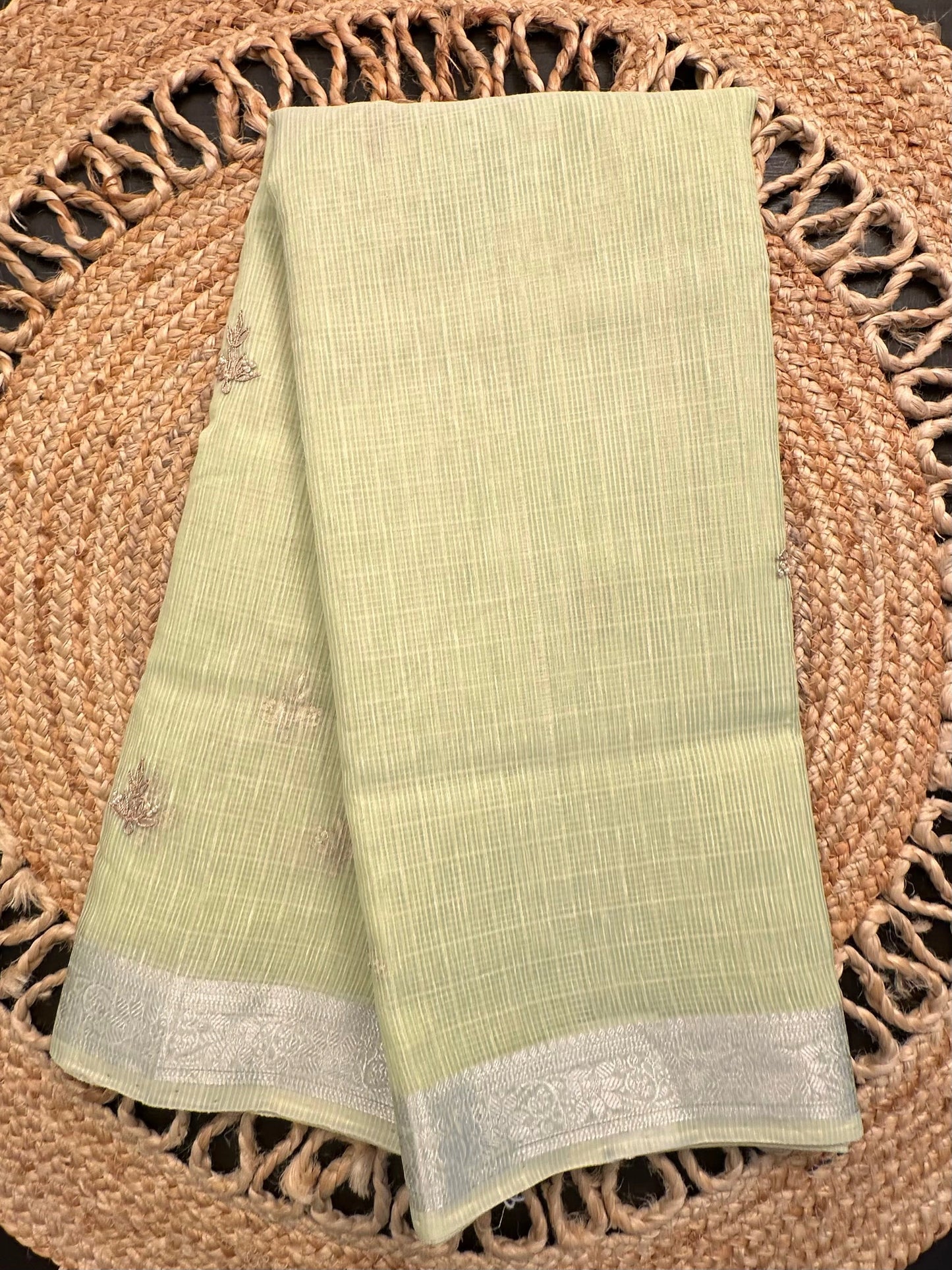 Pista Green Fancy Cotton Saree With Hand Work