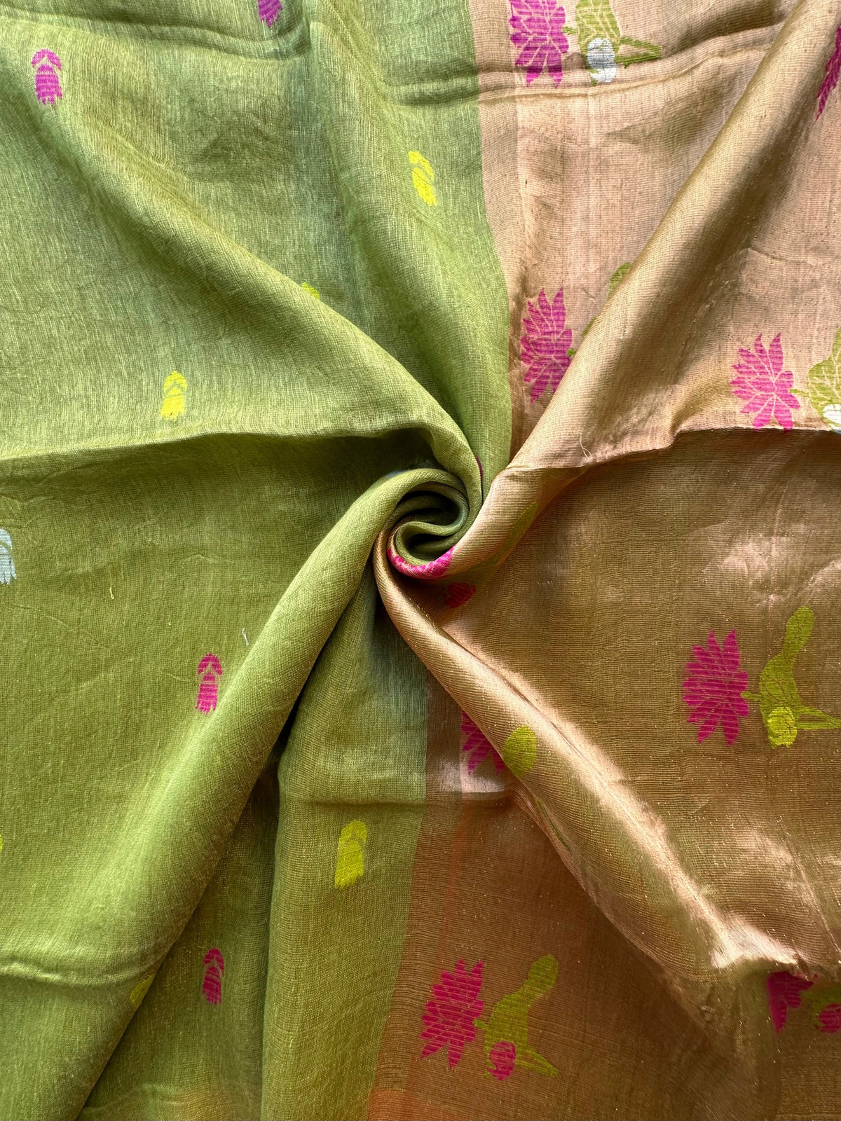 Green Fancy Cotton Tissue Saree ( Linen Texture)