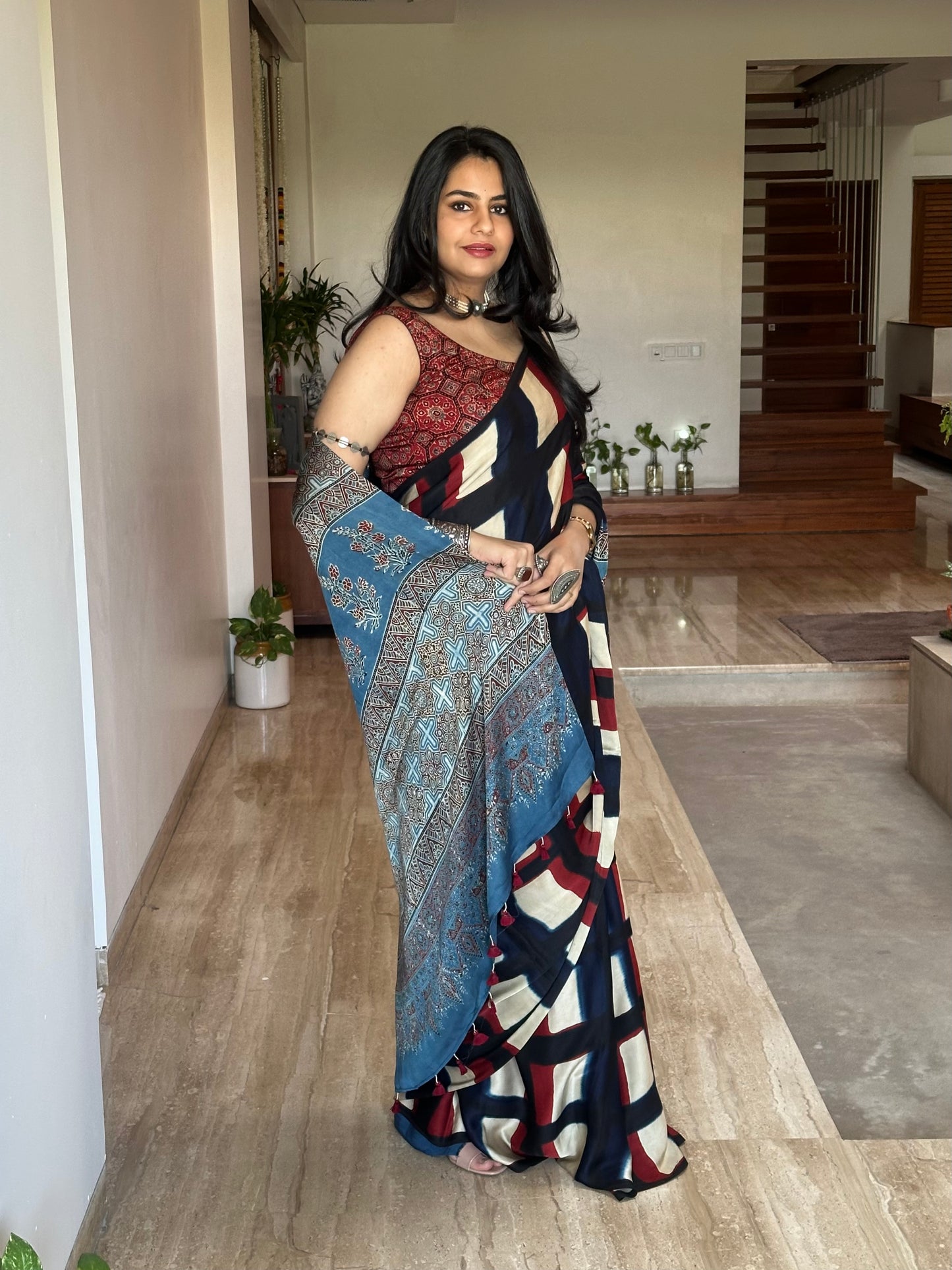 Black Indigo-Blue Ajrakh Blended Modal Saree