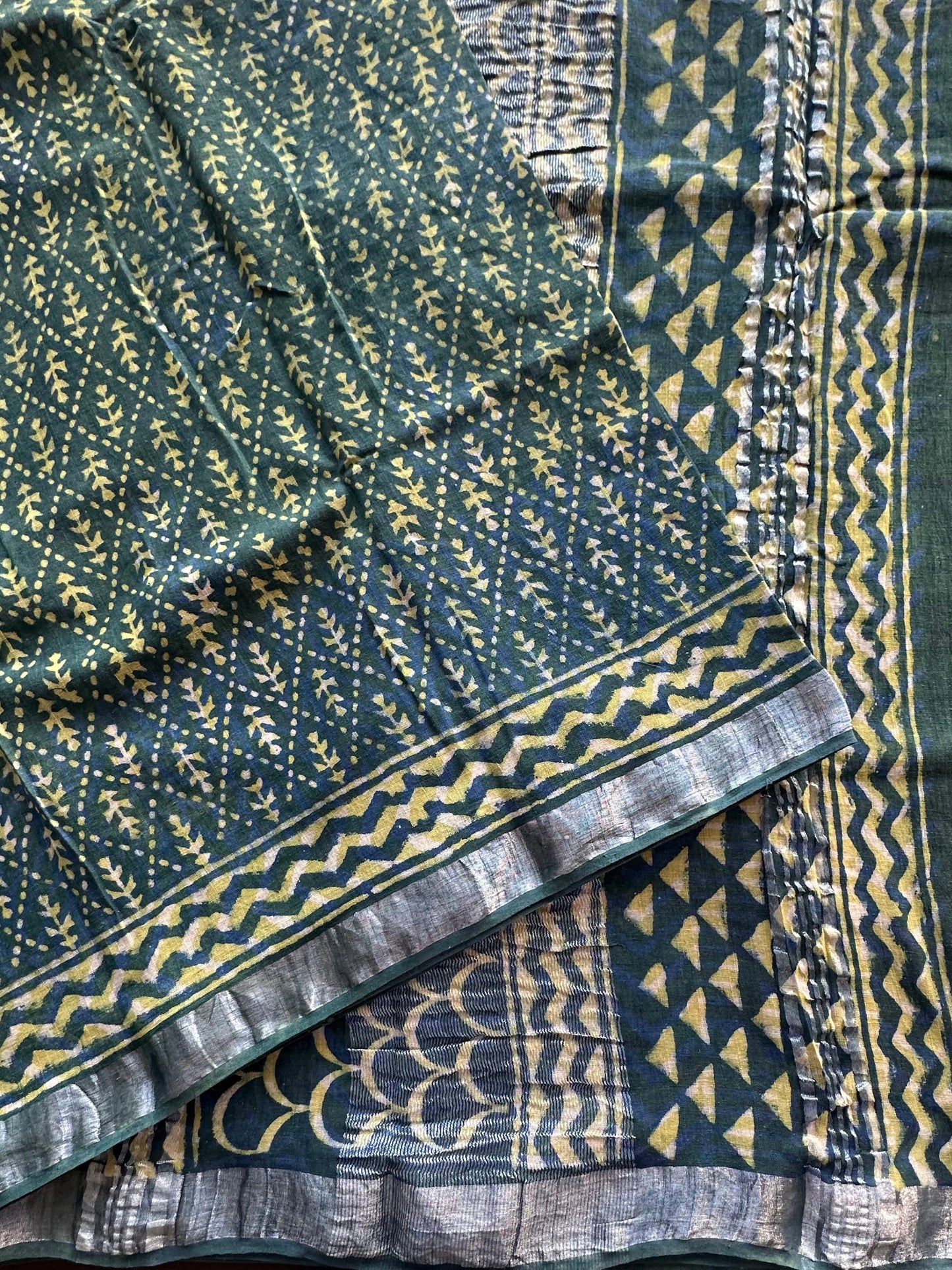 Peacock Blue Hand Block Print Linen Saree