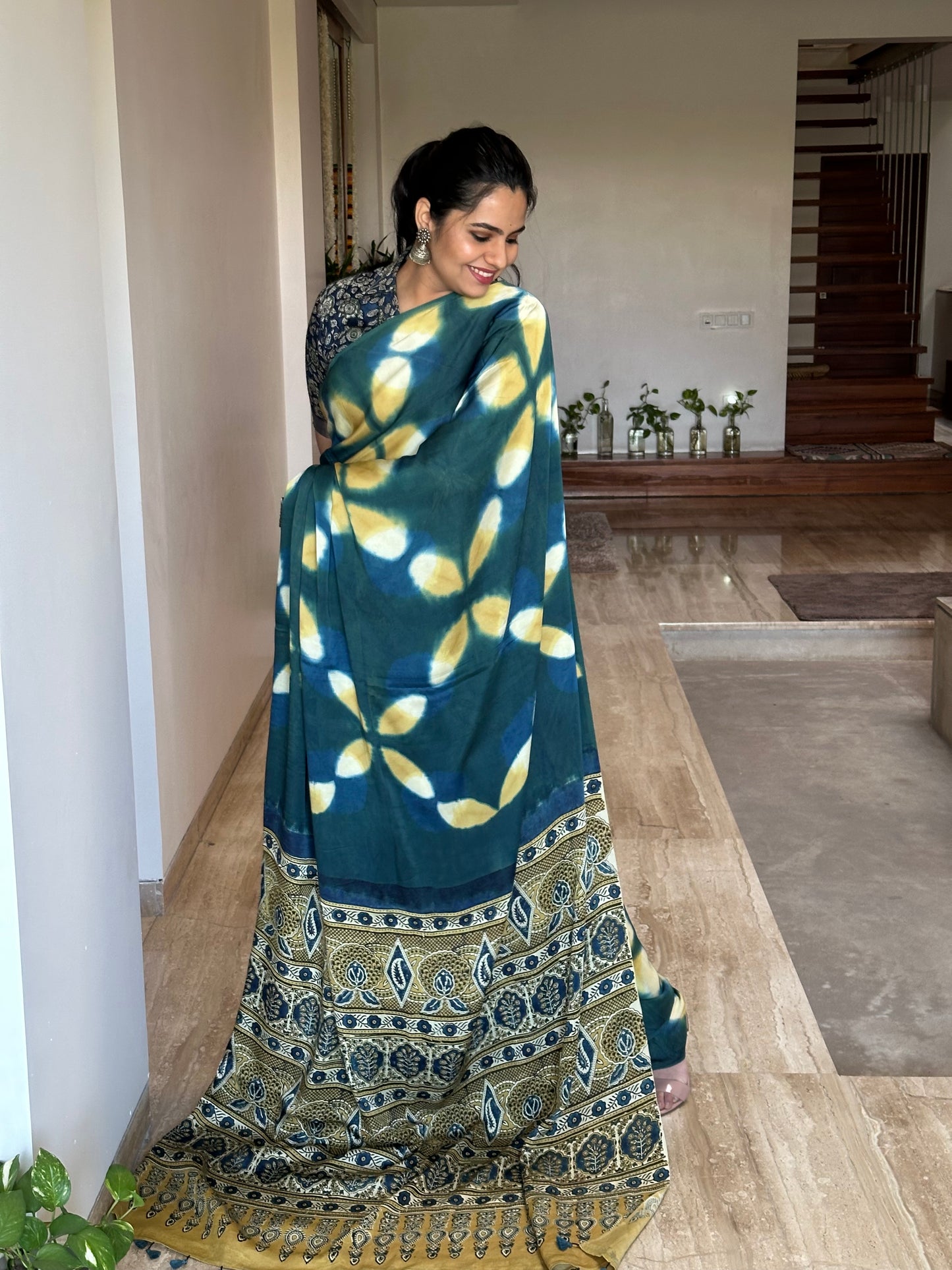 Peacock Blue-Yellow Ajrakh Blended Modal Saree