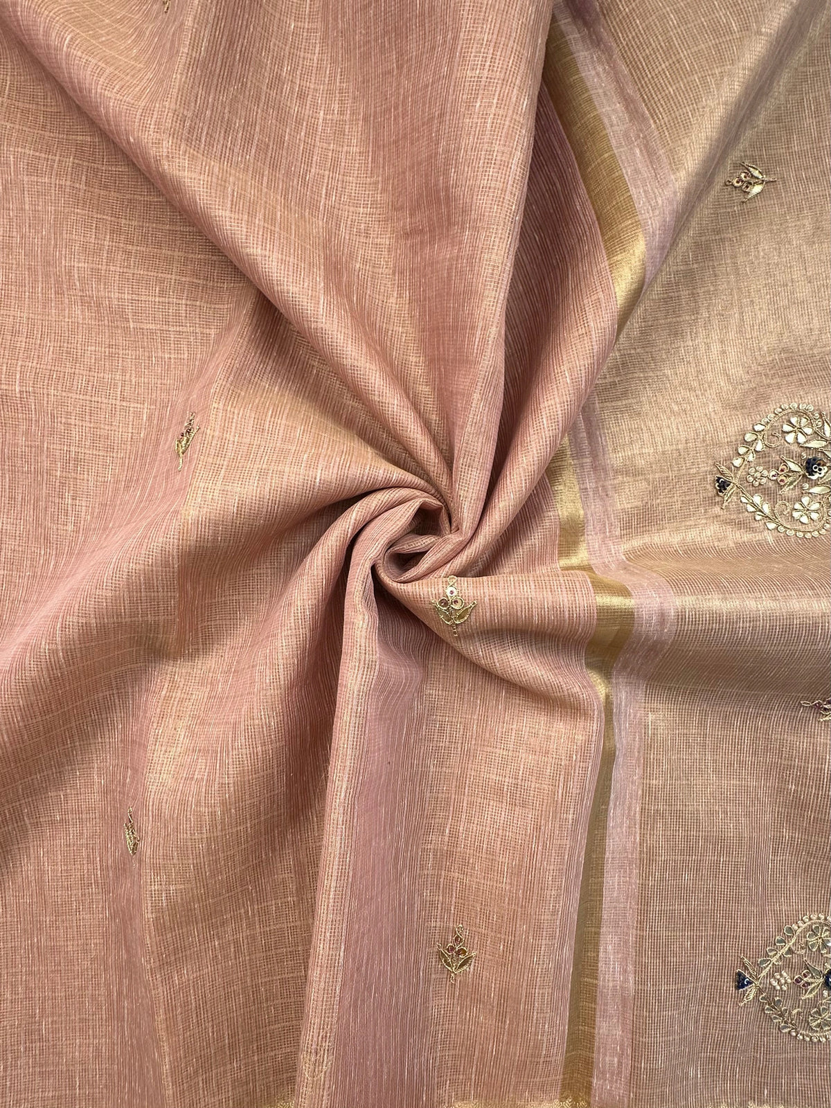 Dusky Pink Fancy Zari Cotton Saree With Hand Work