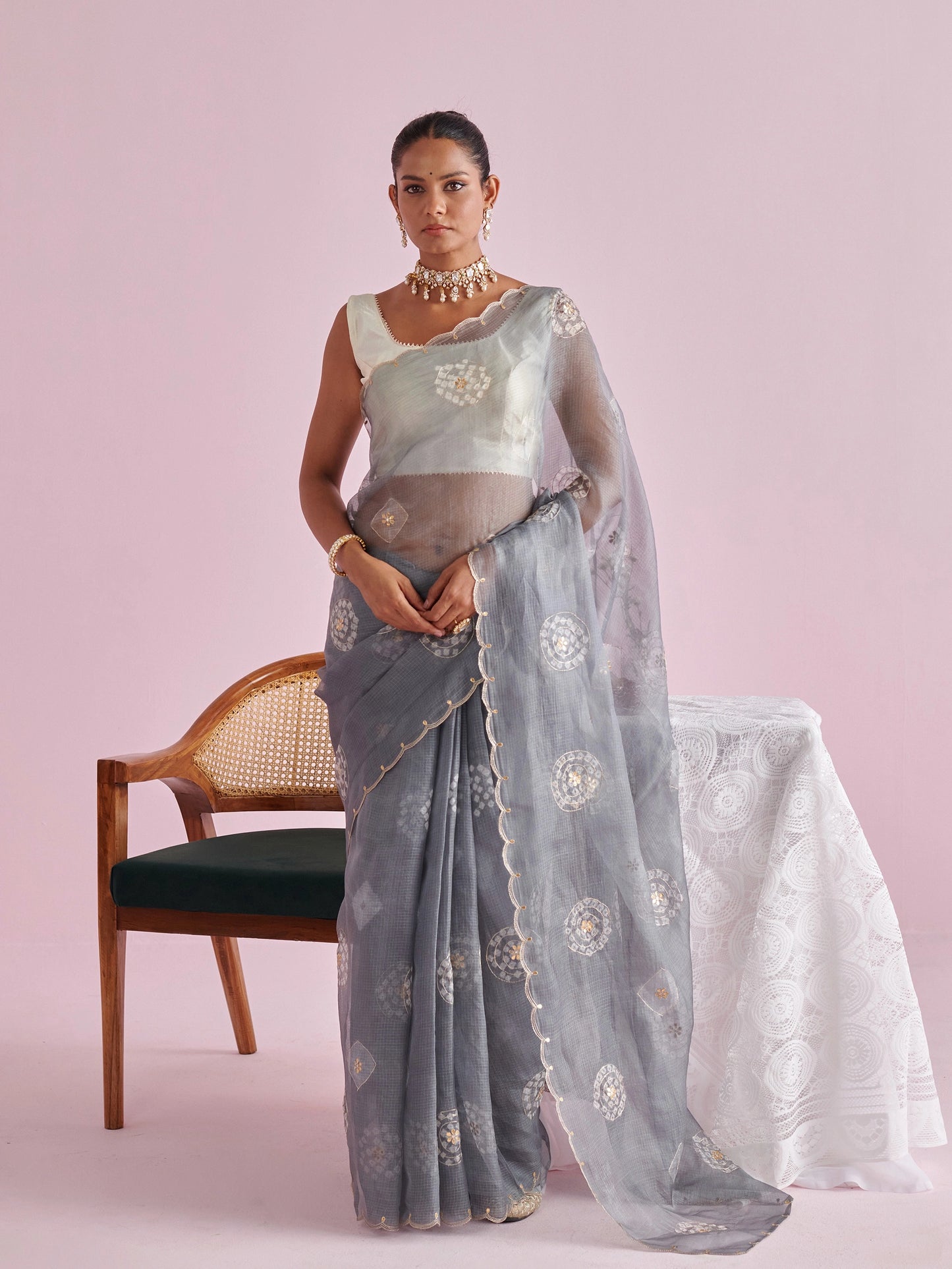 Kota Doria Pure Silk Saree with Aari Scallops