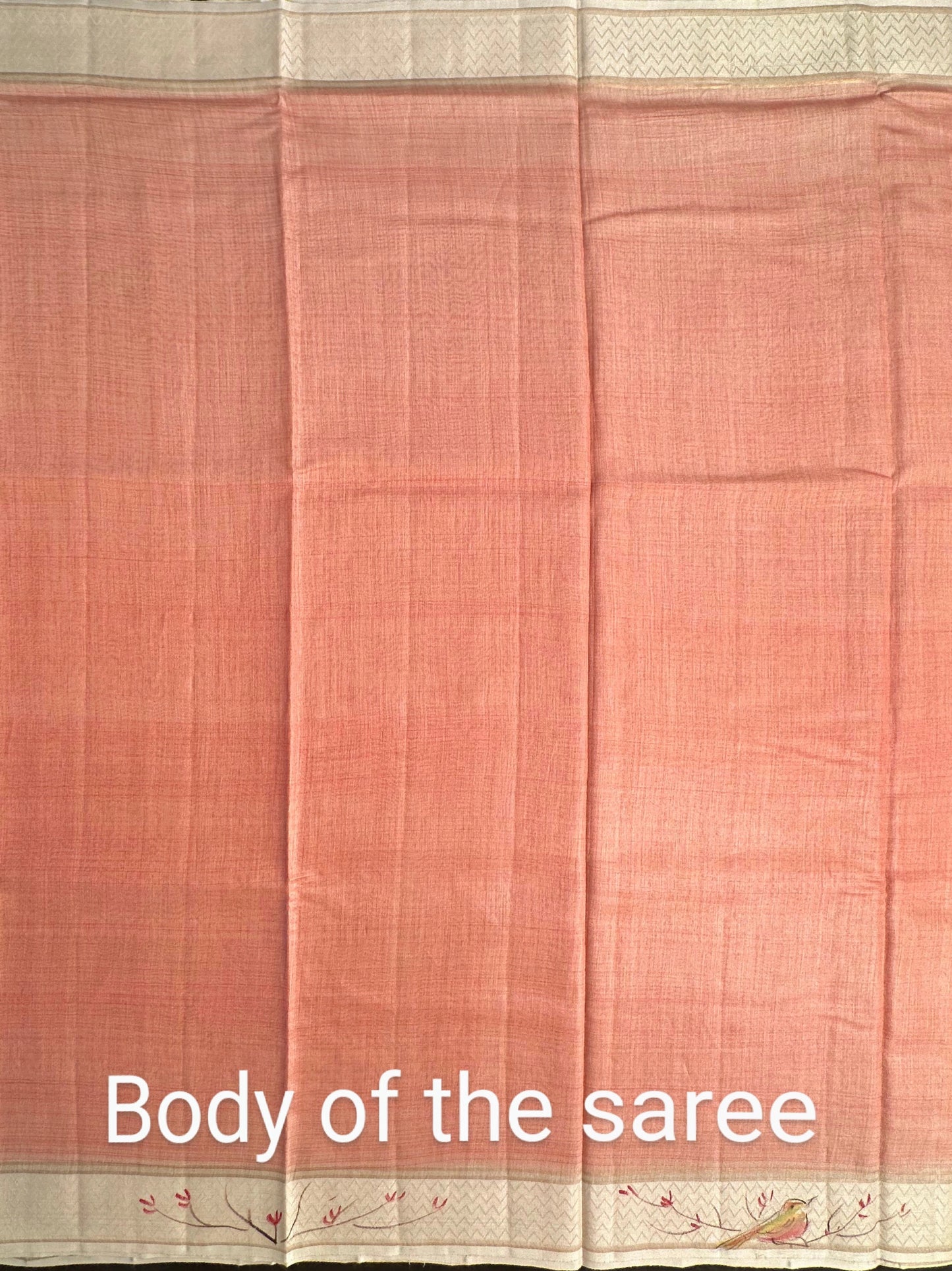 Peach Hand Print Muga Silk Saree