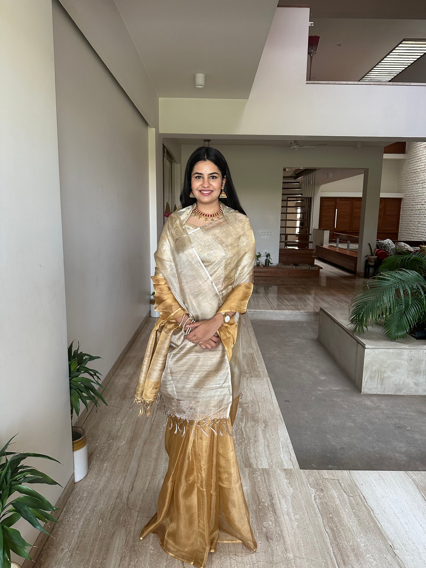 Swarnima Chandrahaas Golden-Silver Tissue Saree