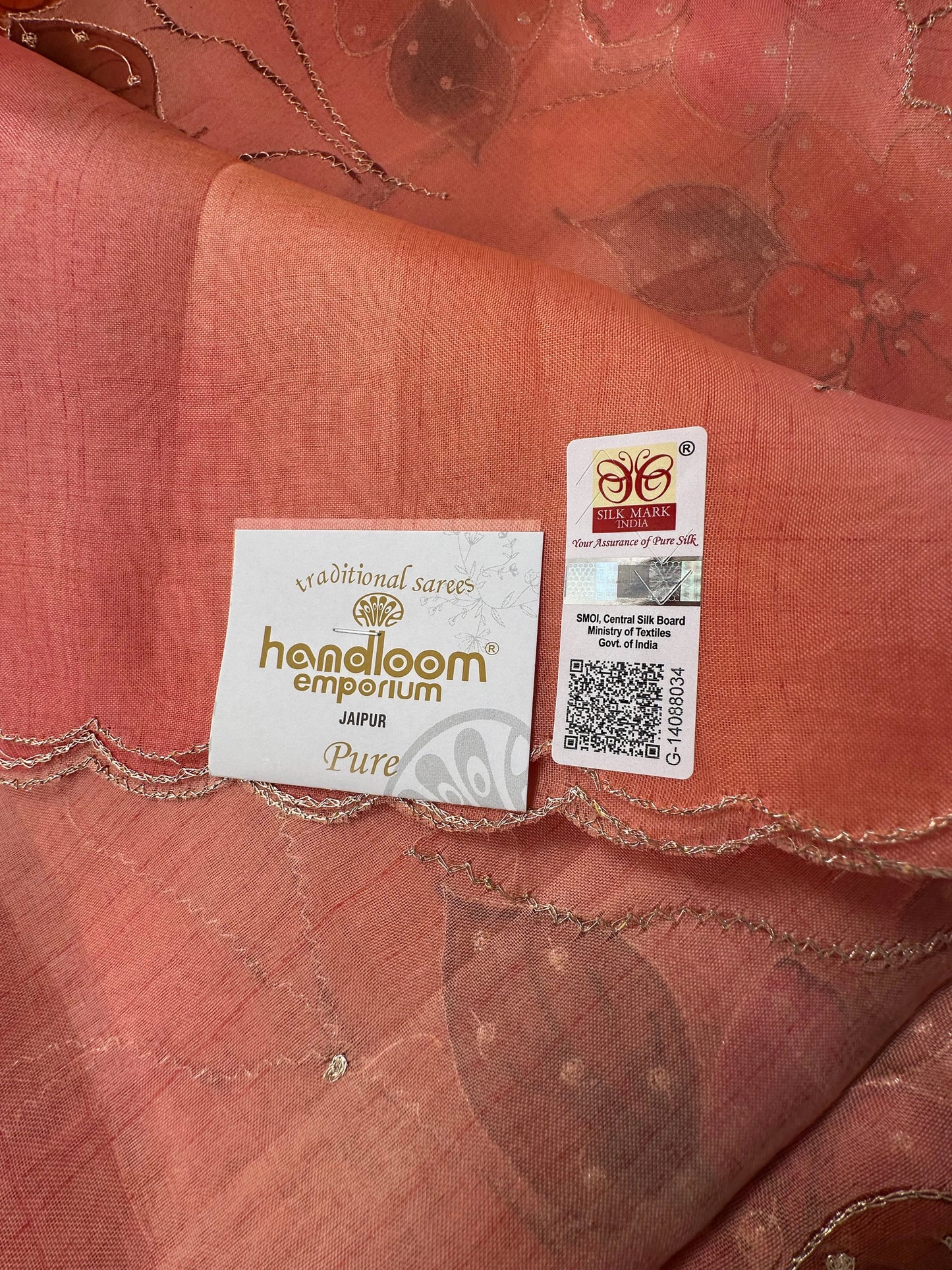 Peach Floral Print Organza Saree