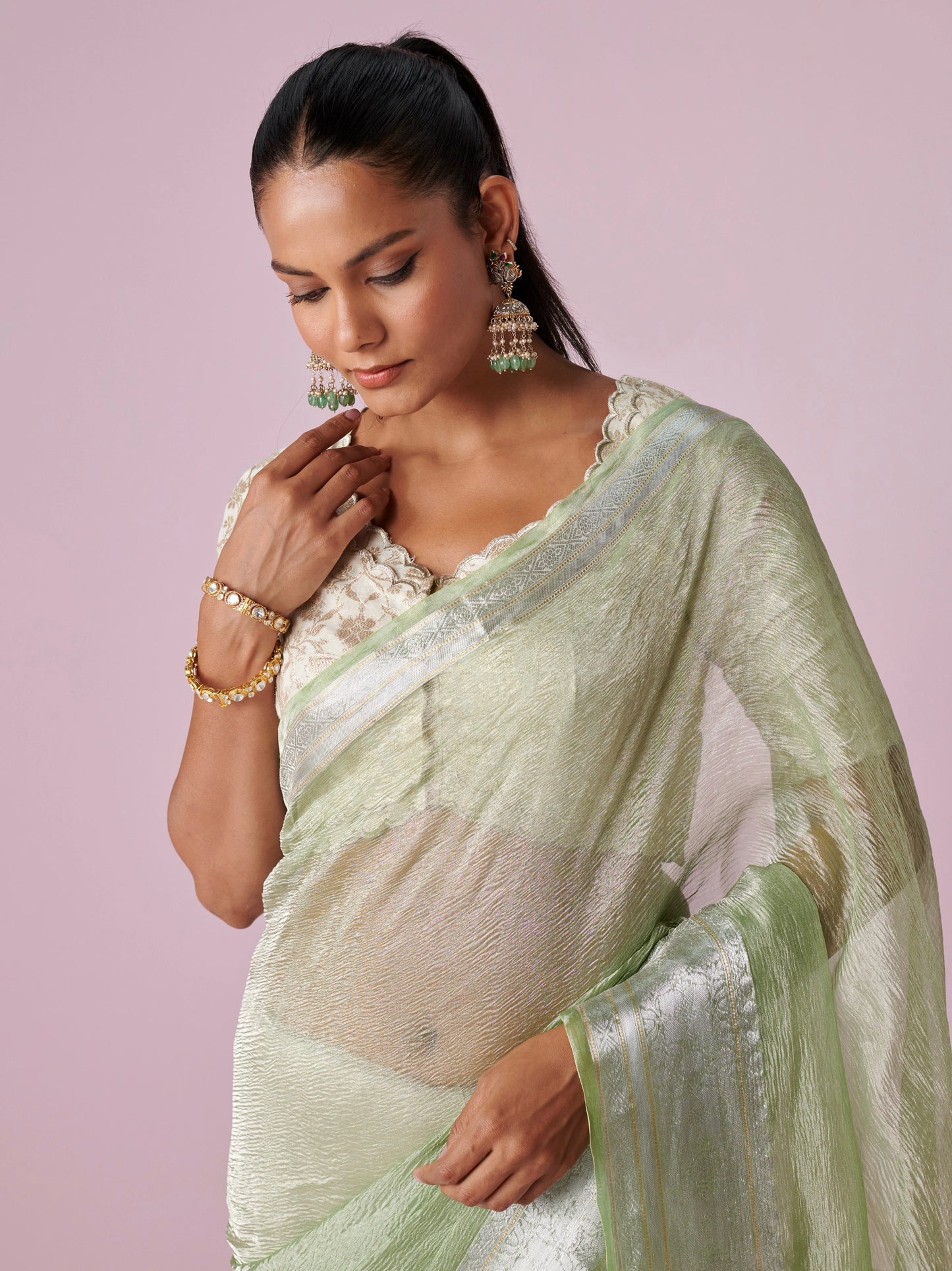 Pista Green Pure Tissue Crush Saree