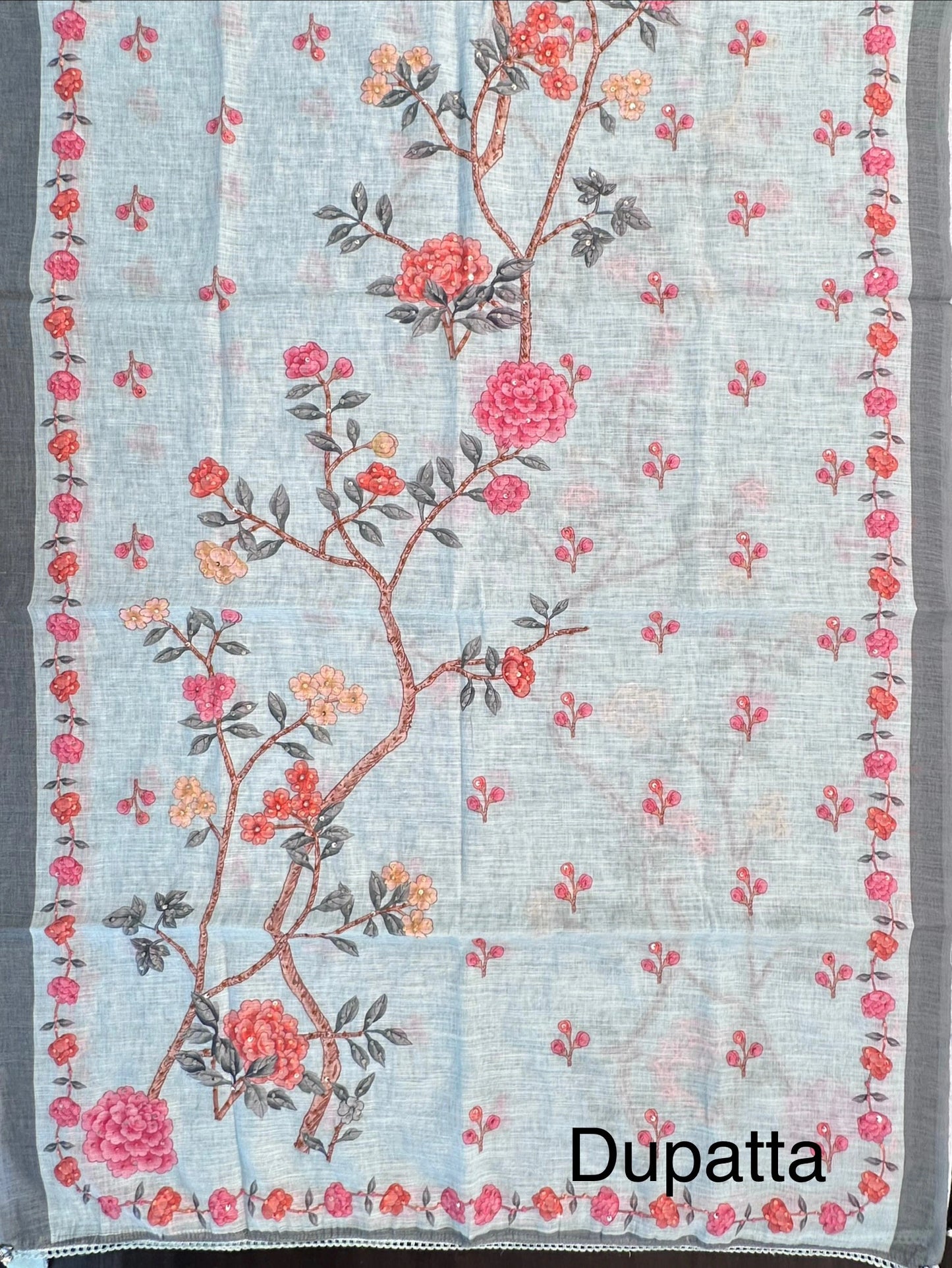 Powder Blue Hand Embroidery Fancy Cotton Suit