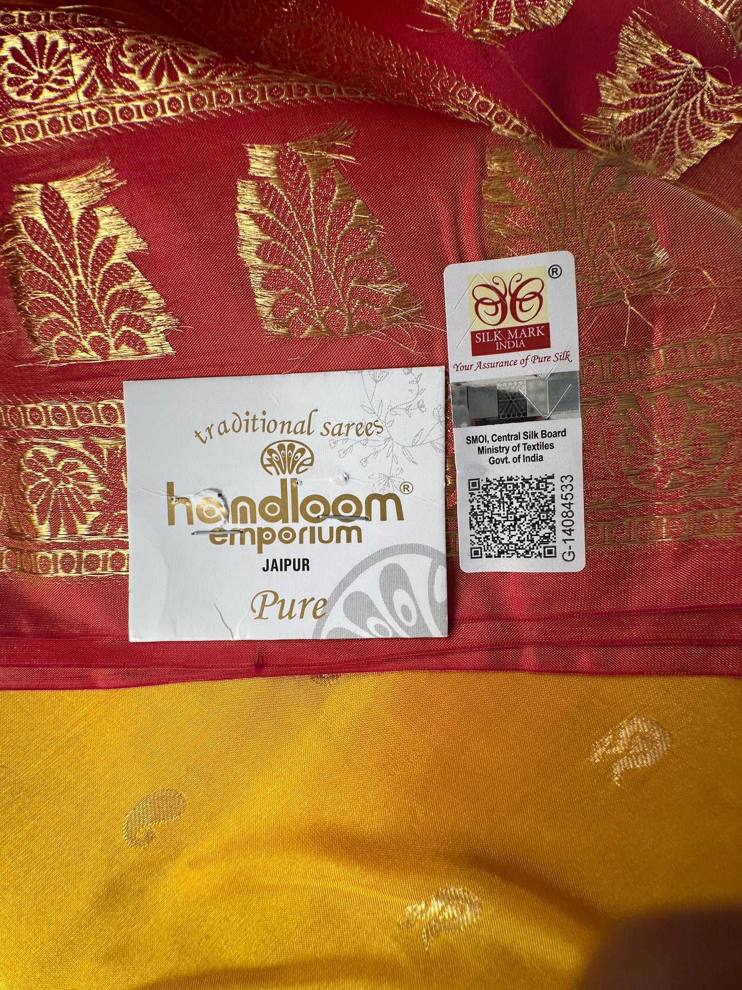 Yellow Pondicherry Handloom Pure Silk Saree