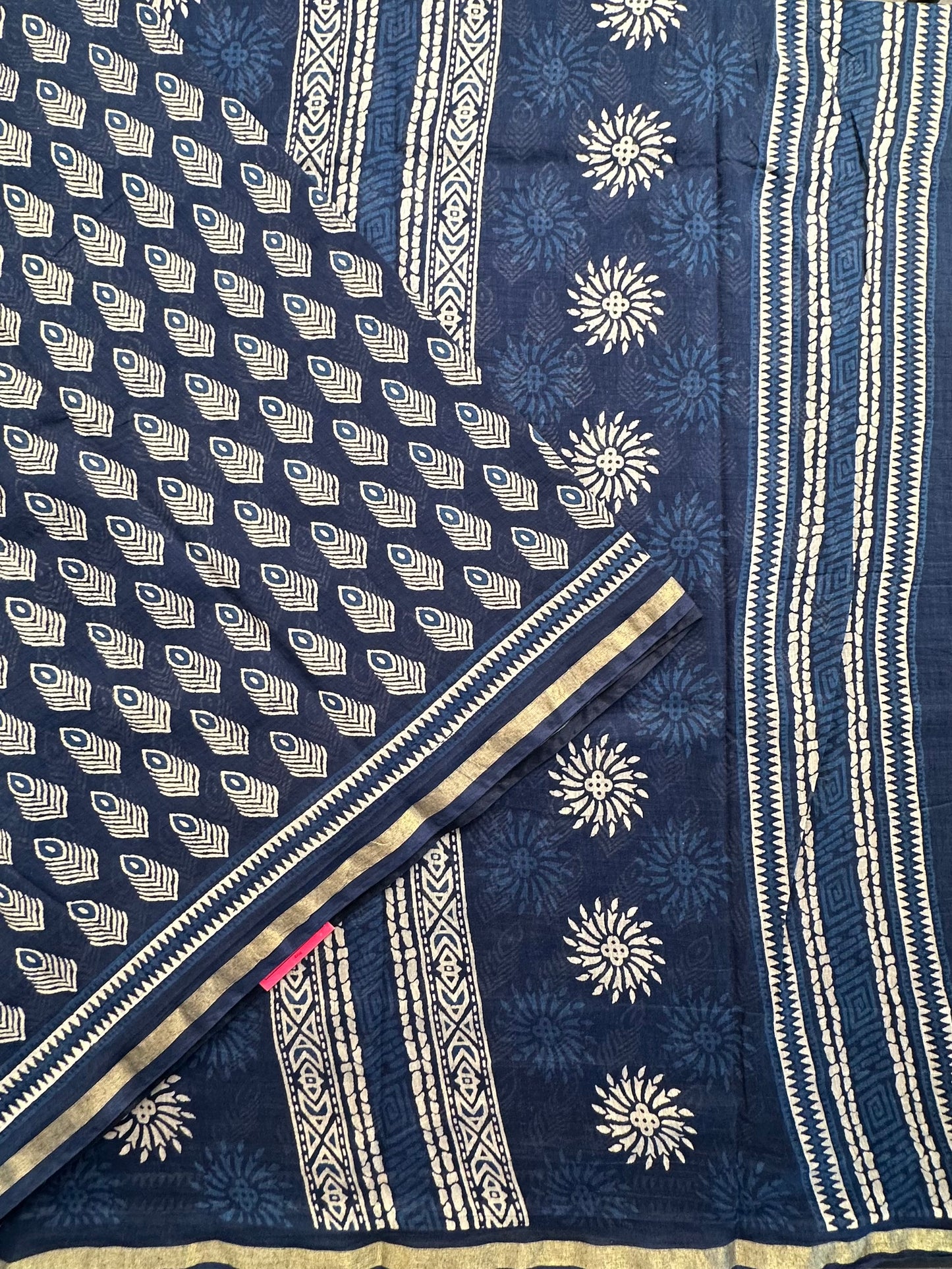 Indigo Blue Block Print Cotton Blend Saree