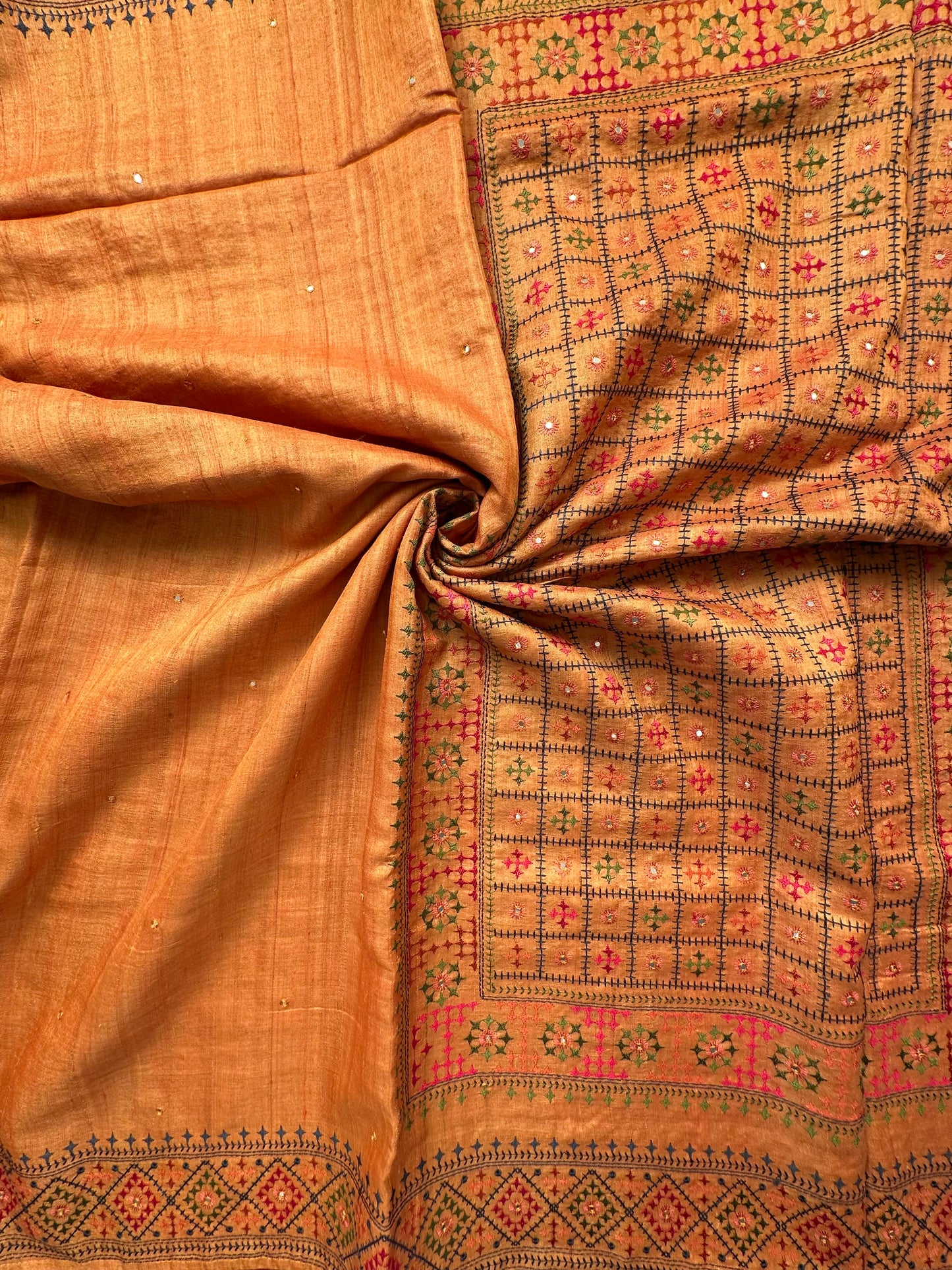 Mustard Pure Tussar Silk Saree With Embroidery