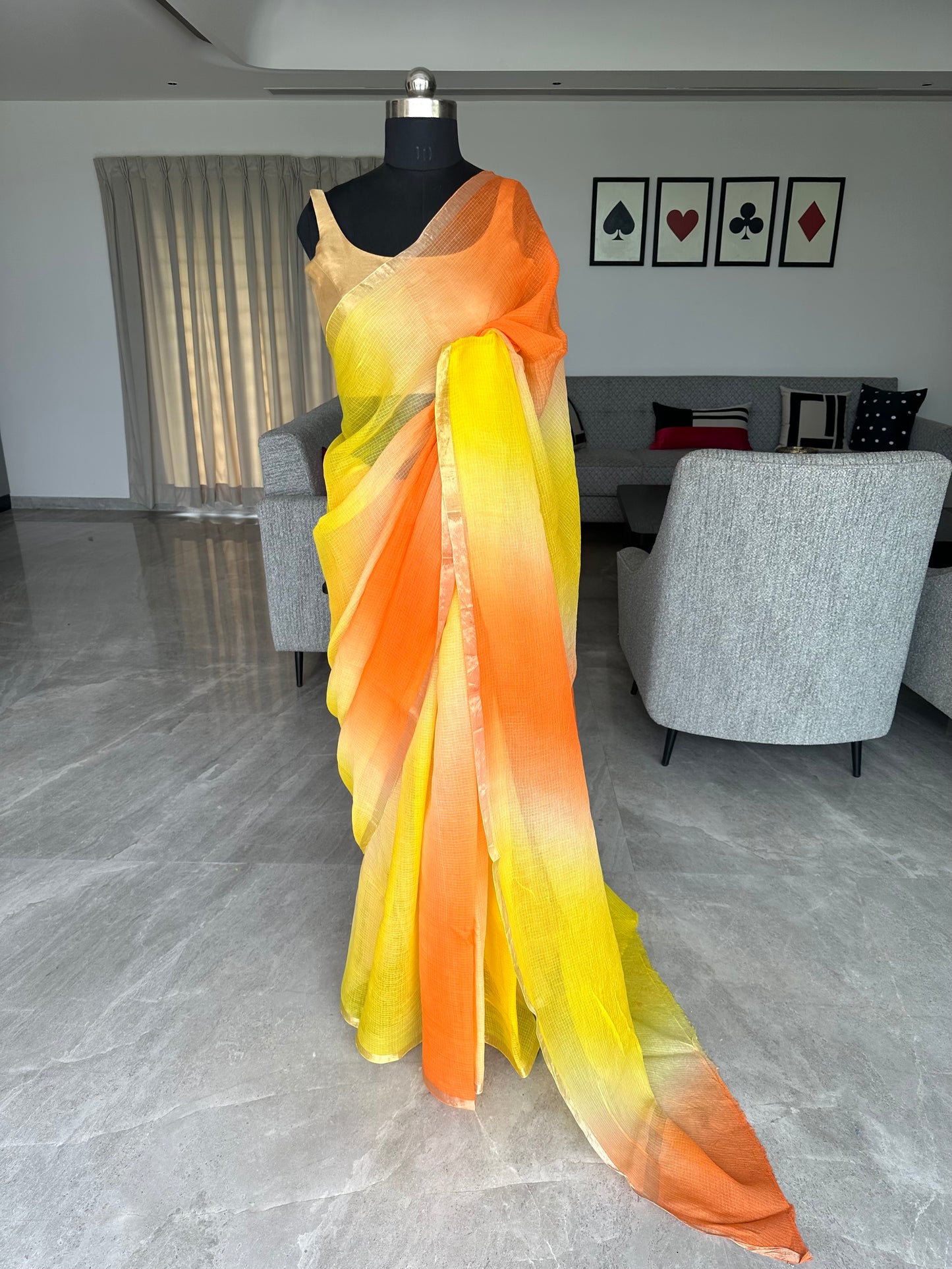 Peach-Yellow Shaded Kota Doria Cotton Saree