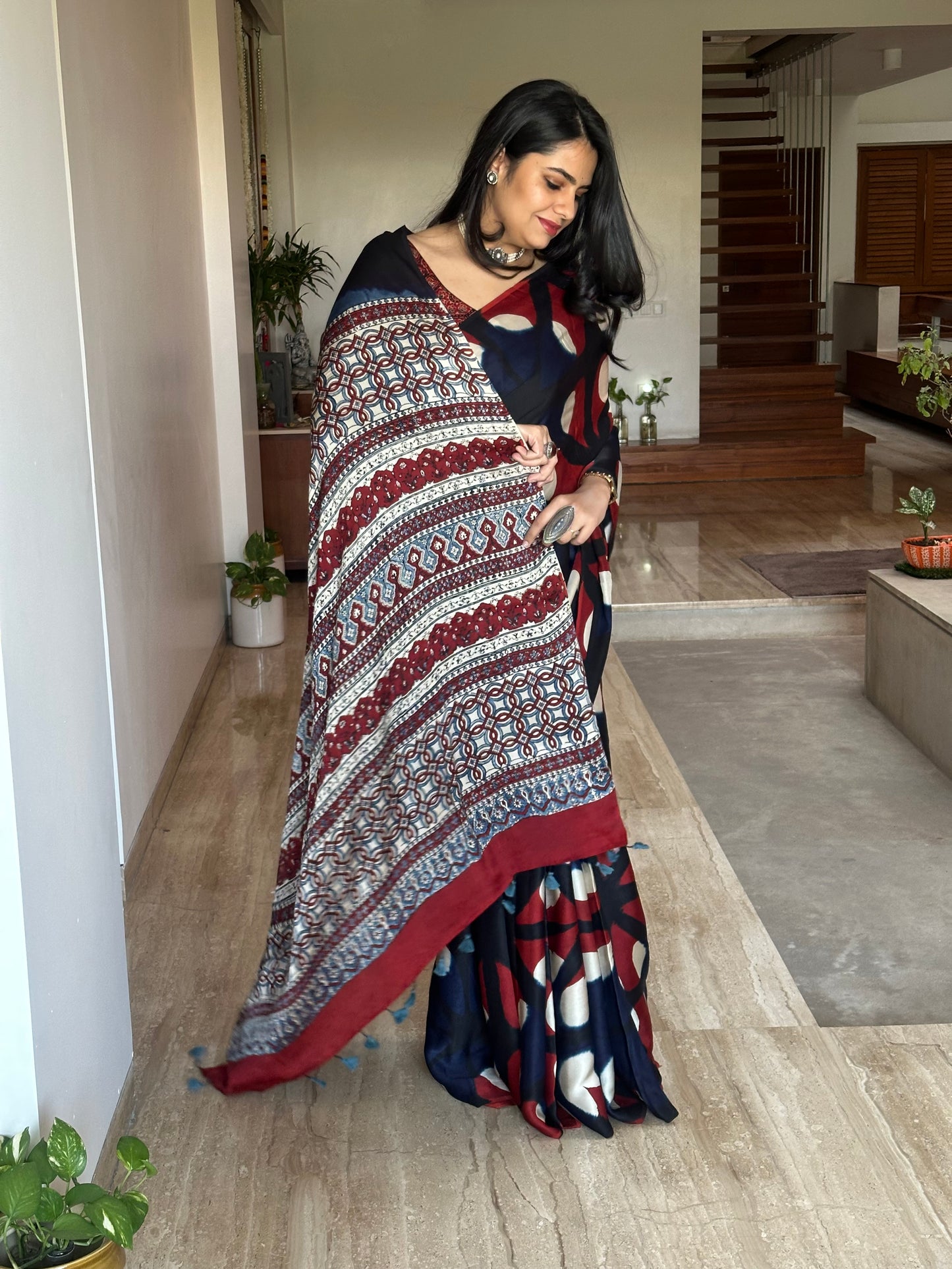 Royal Indigo-Red Ajrakh Blended Modal Saree