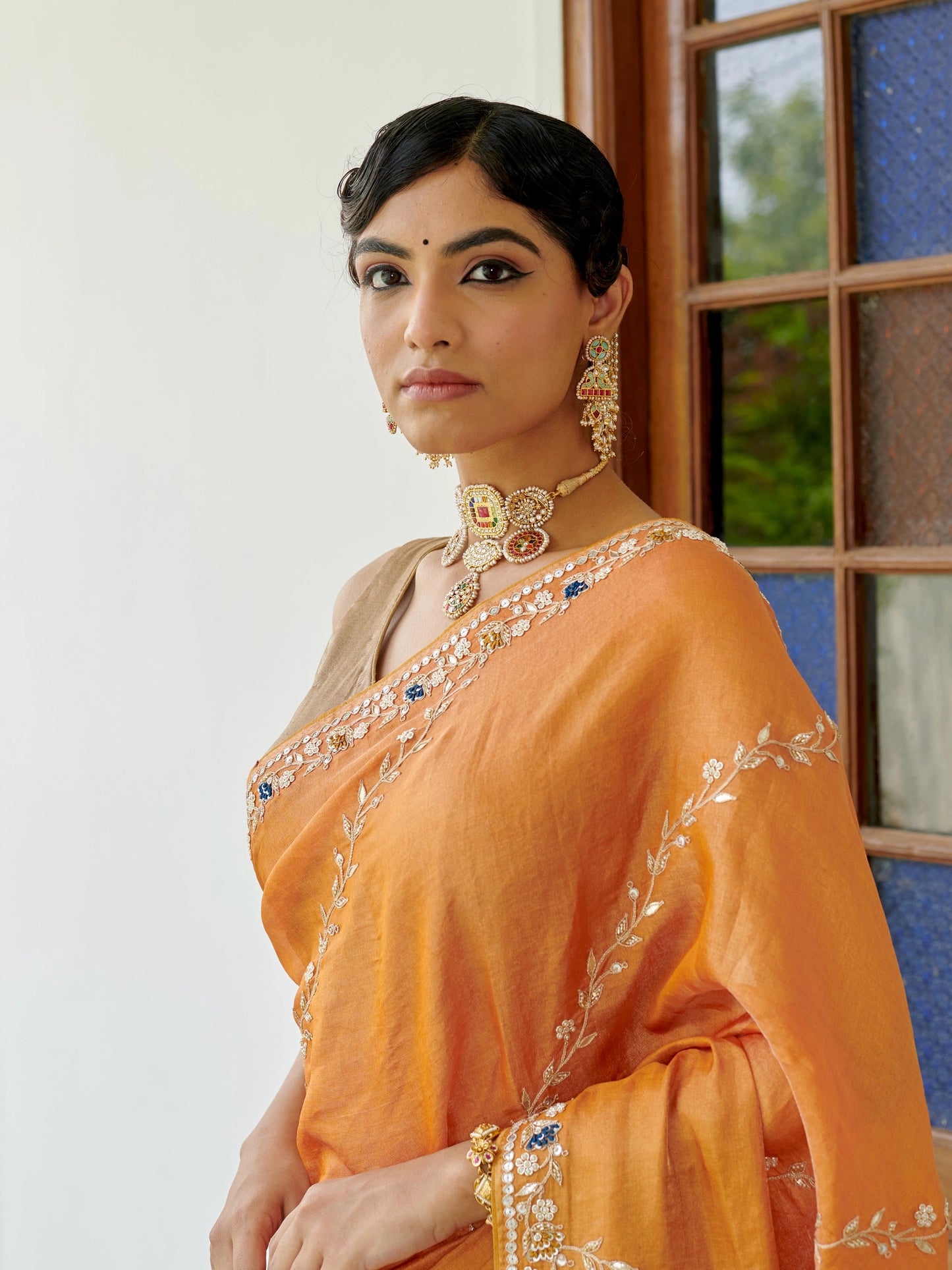 Mustard Tissue Saree With Zari Work Jaal