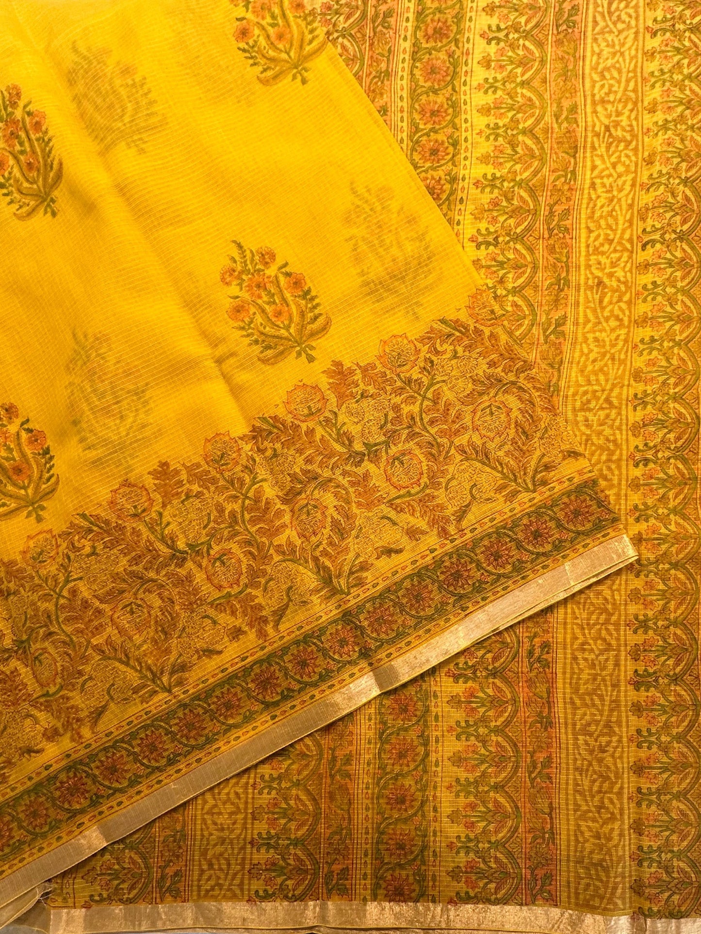 Mustard Block Print Kota Doria Cotton Saree