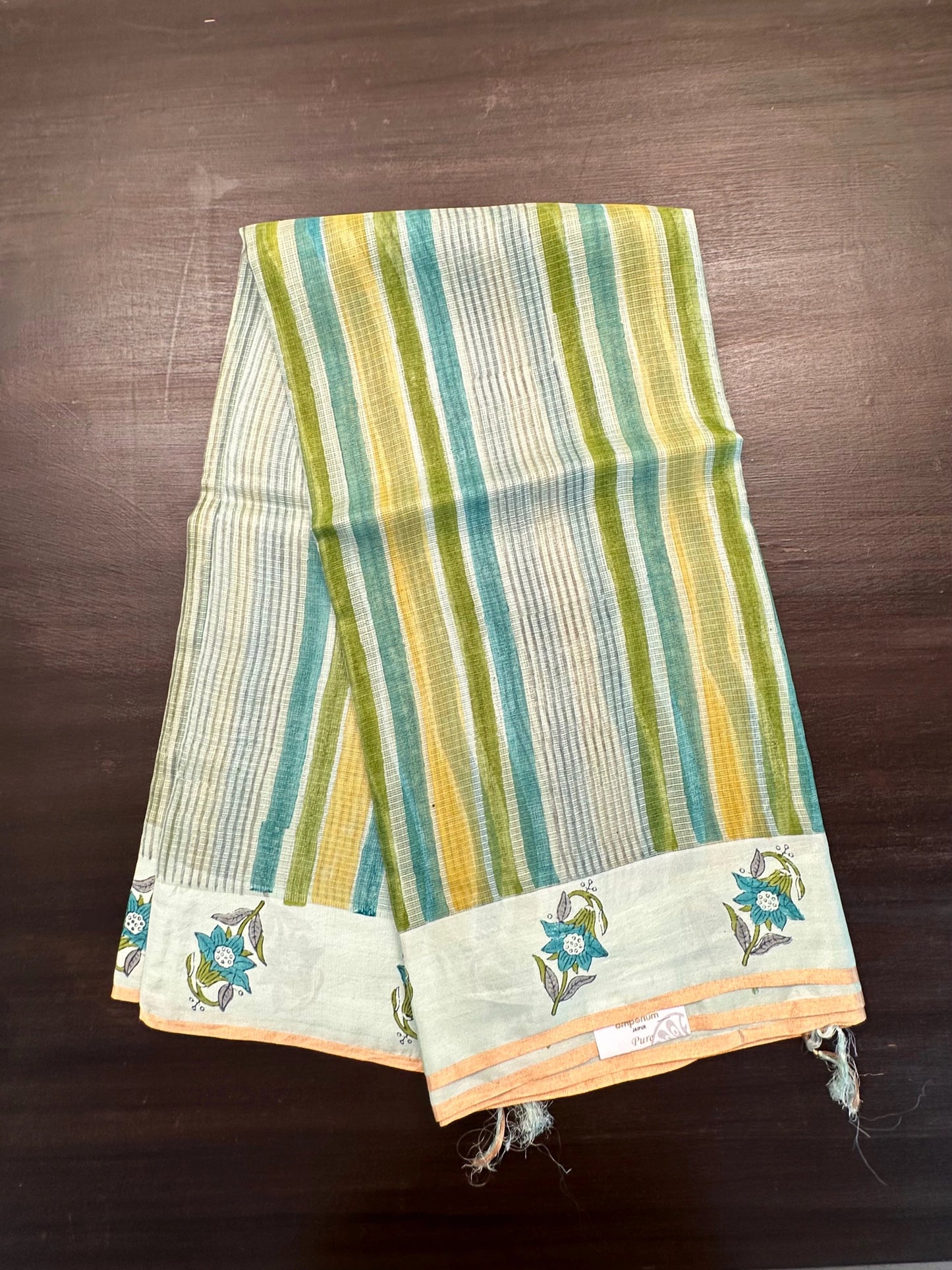 Sea Green-Multi Colour Hand Block-Print Pure Kota Doria Silk Saree