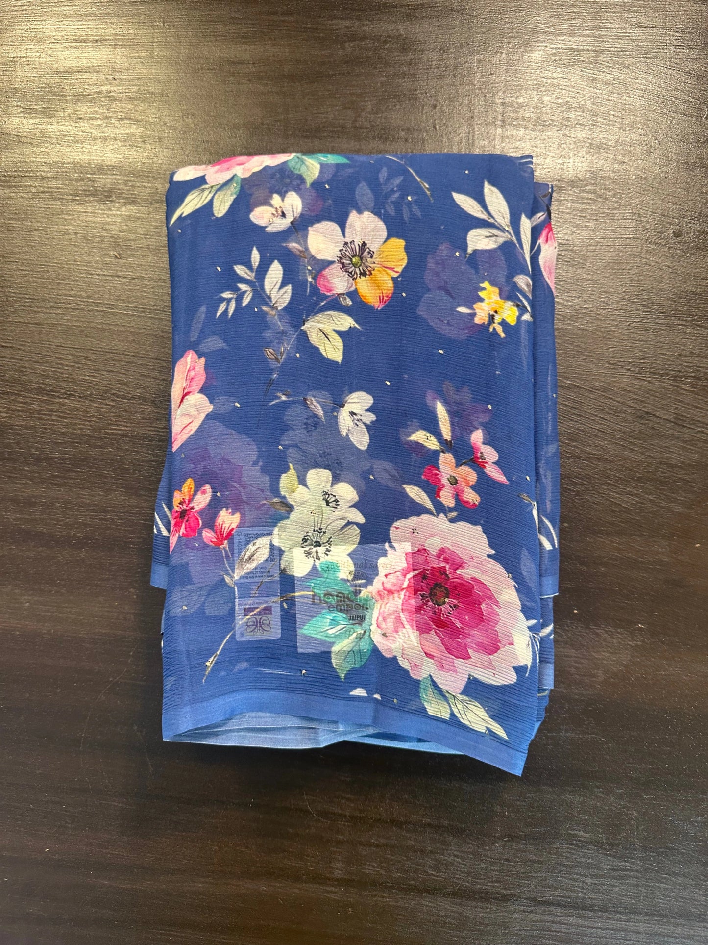 Blue Floral Print Dimond Pure Chiffon Saree