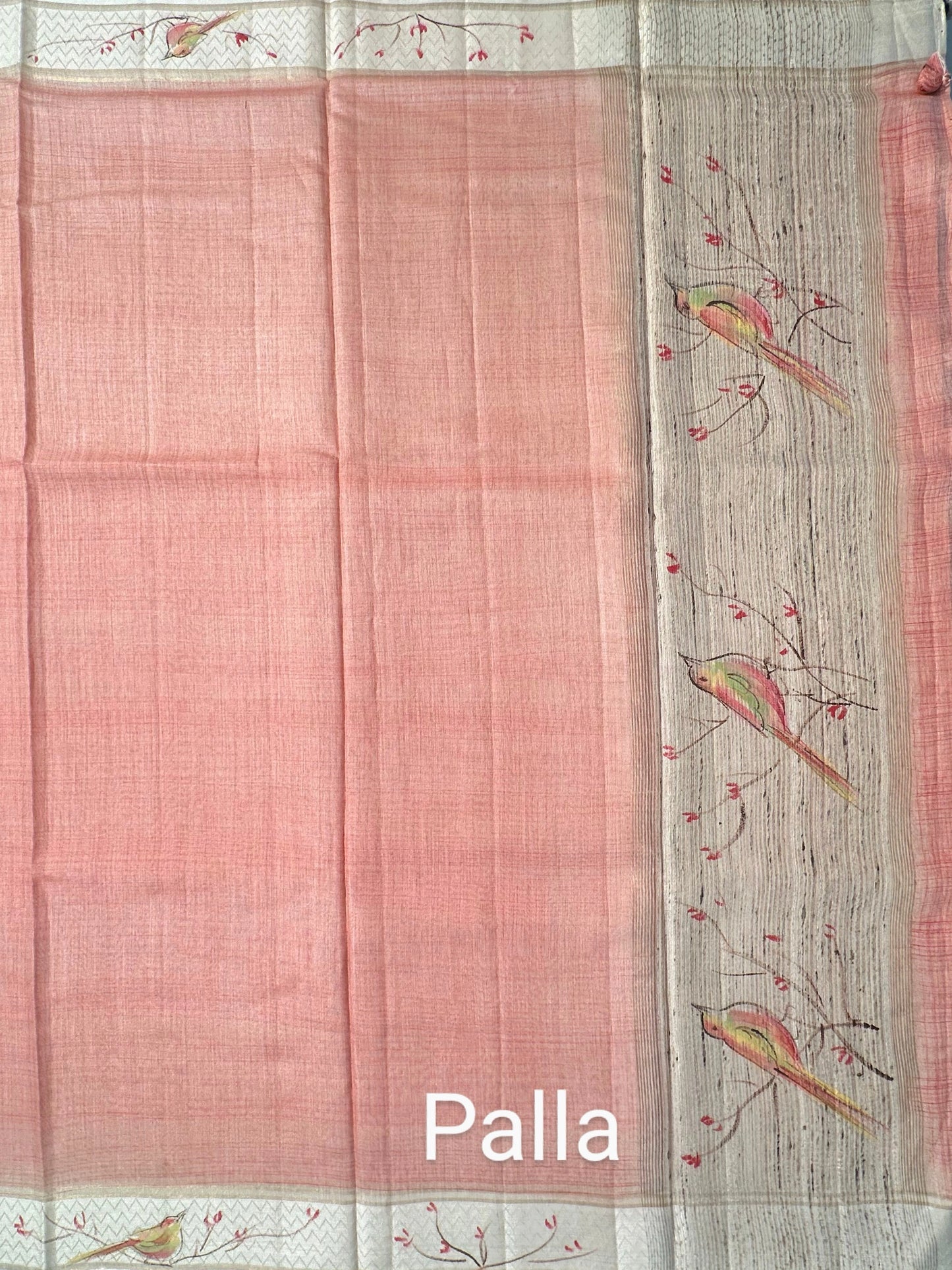 Peach Hand Print Muga Silk Saree