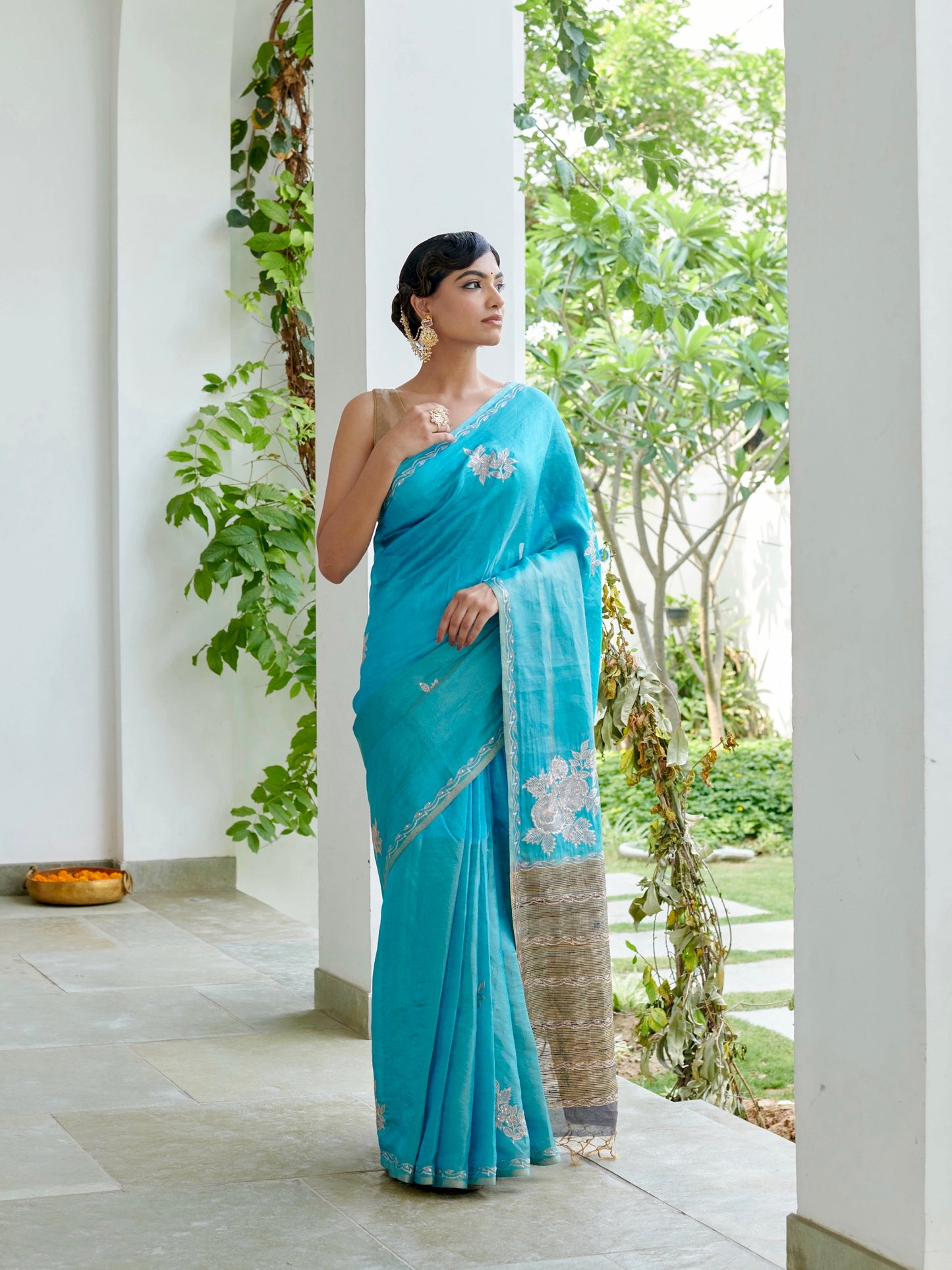Blue Zardozi Tissue Silk Saree
