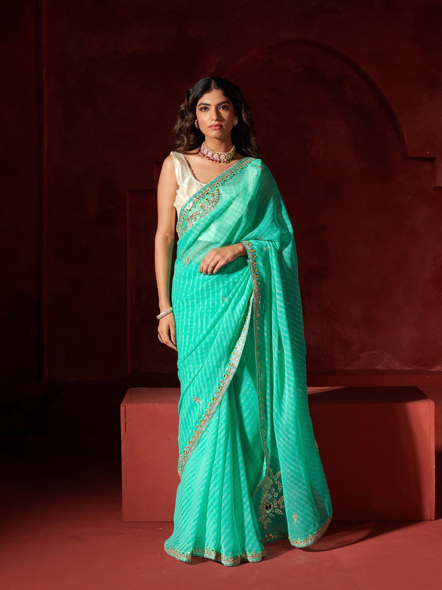 Sea Green Chatai Motra Georgette Saree With Gota Patti Work