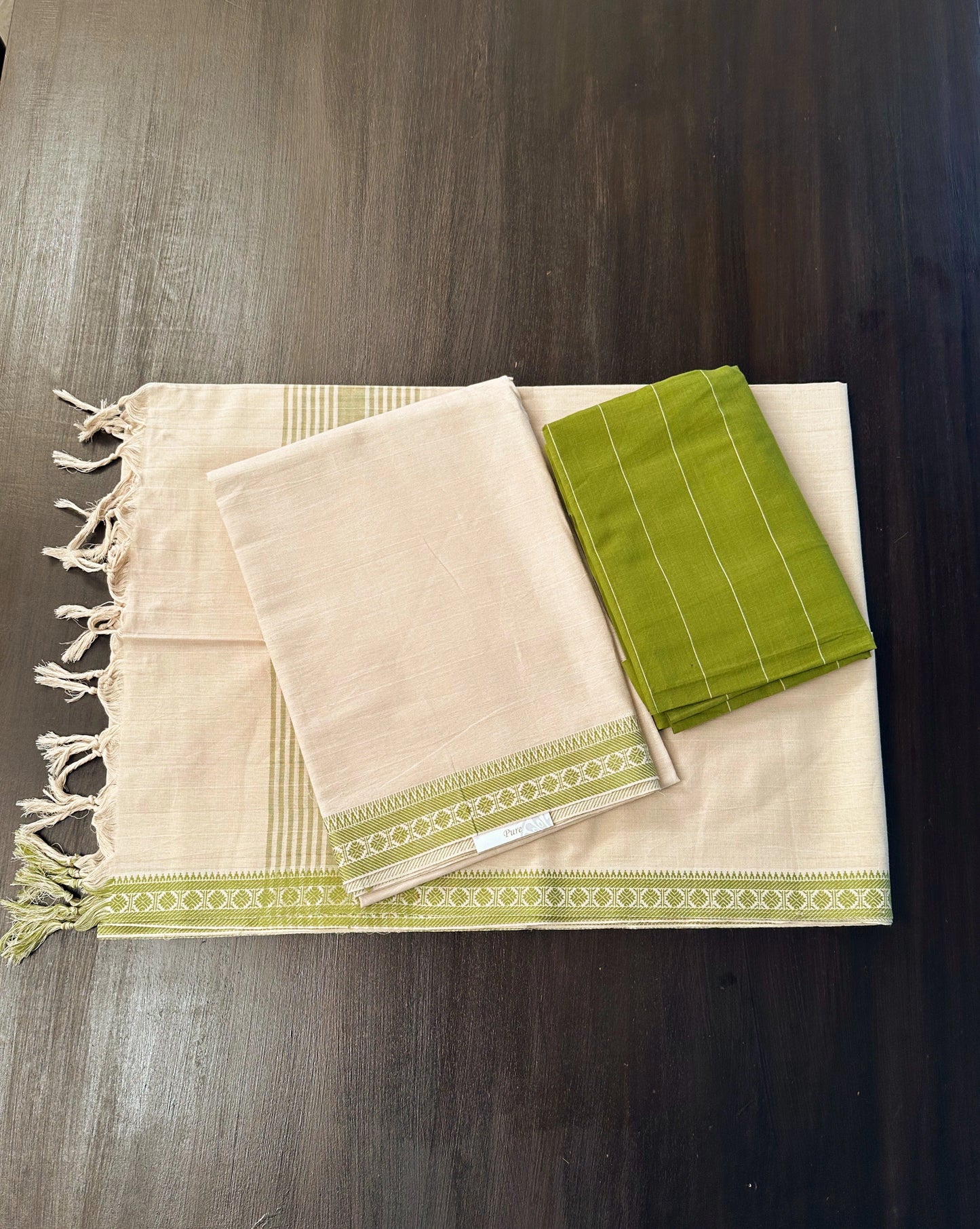 Beige- Mehendi Green Mangalgiri Cotton Unstitched 3-Piece Suit